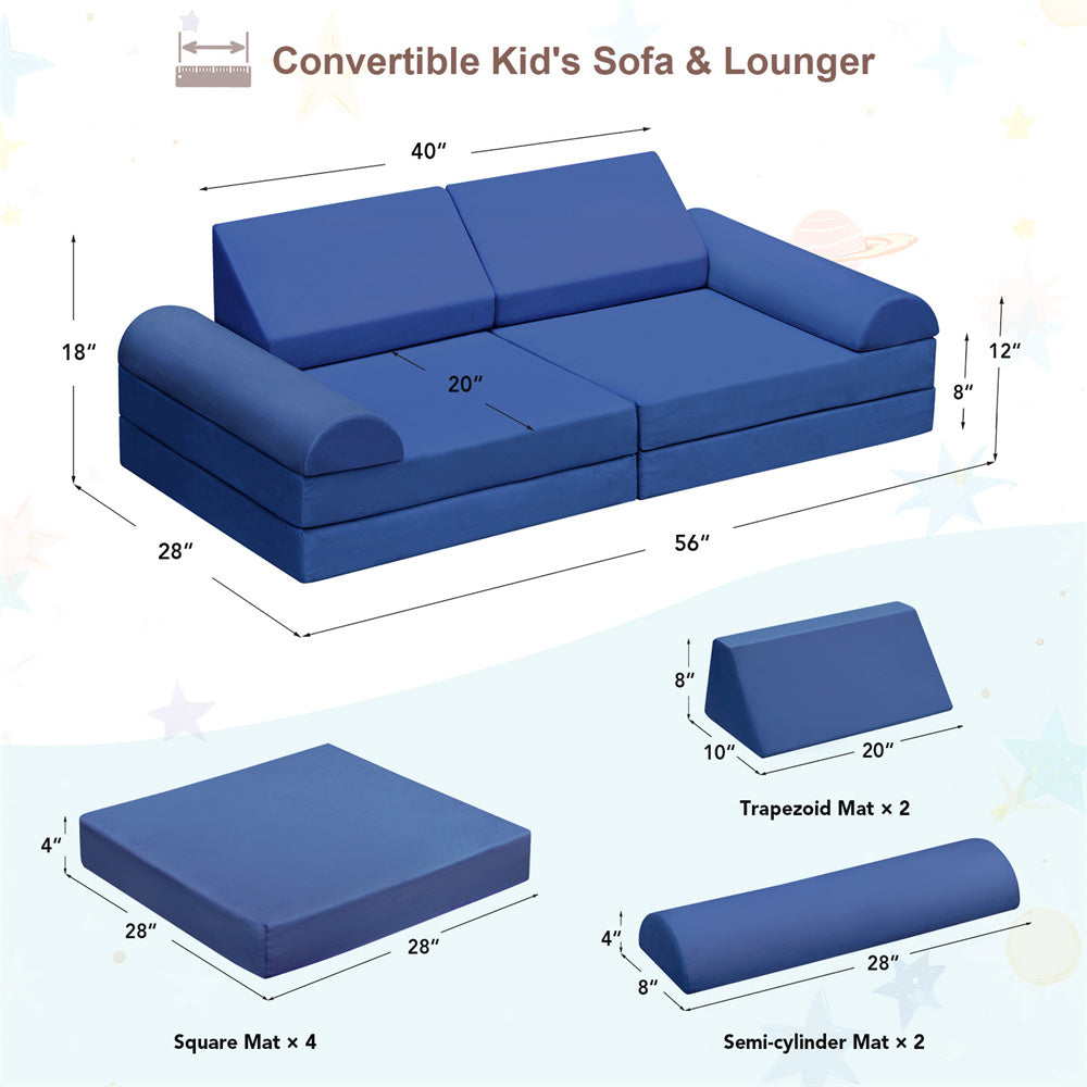 JP Outdoor Modular Kids Play Couch, 8PCS Nugget Couch for Building Fort, Toddler Play Sponge Convertible Couch,Navy Blue