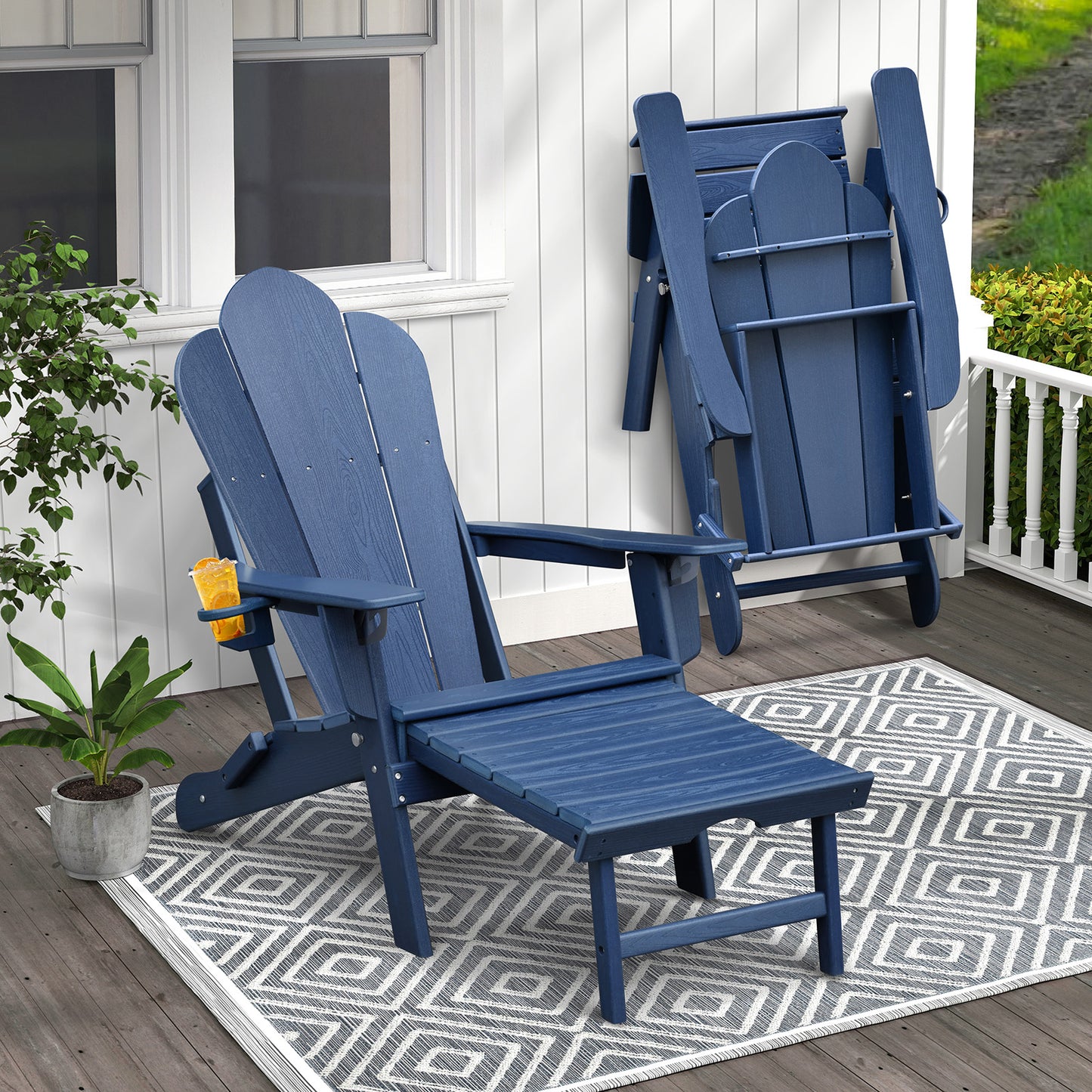 JP OUTDOOR Folding Adjustable Adirondack Chair with Ottoman & Cup Holder,HDEP Multifunctional Adirondack Chair with Footrest, Blue