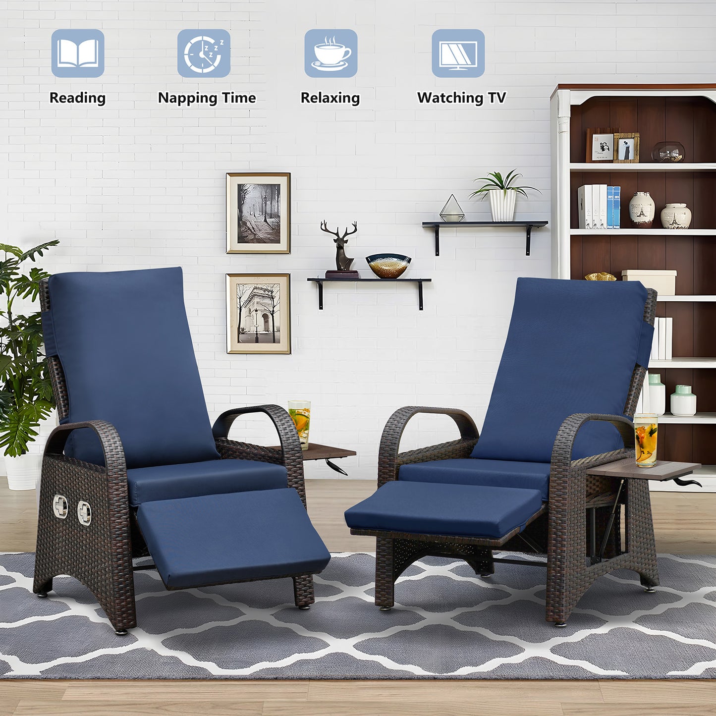 JP Outdoor Rattan Recliner Chair with Cushion,PE Wicker Patio Recliner with Flip Table,Navy Blue