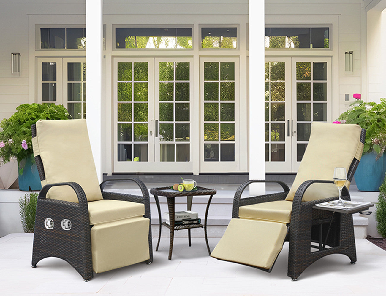 JP Outdoor Wicker Recliner Chair Cushion, Patio Rattan Lounge Recliner with Flip Table, Khaki