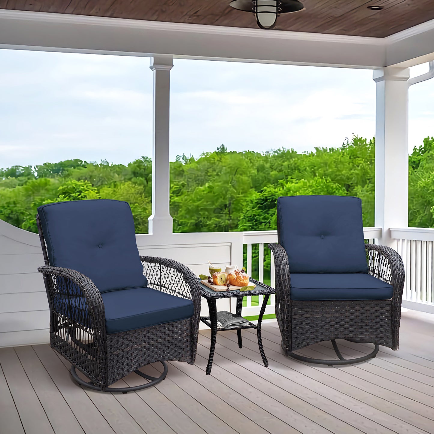 JP Outdoor 3PCS Indoor Outdoor Swivel Rocker, Rattan Rocker Bistro Sets with Table, Navy Blue