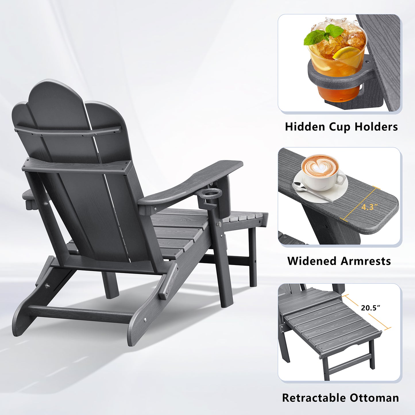 JP OUTDOOR Folding Adjustable Adirondack Chair with Ottoman & Cup Holder,HDEP Multifunctional Adirondack Chair with Footrest,Gray
