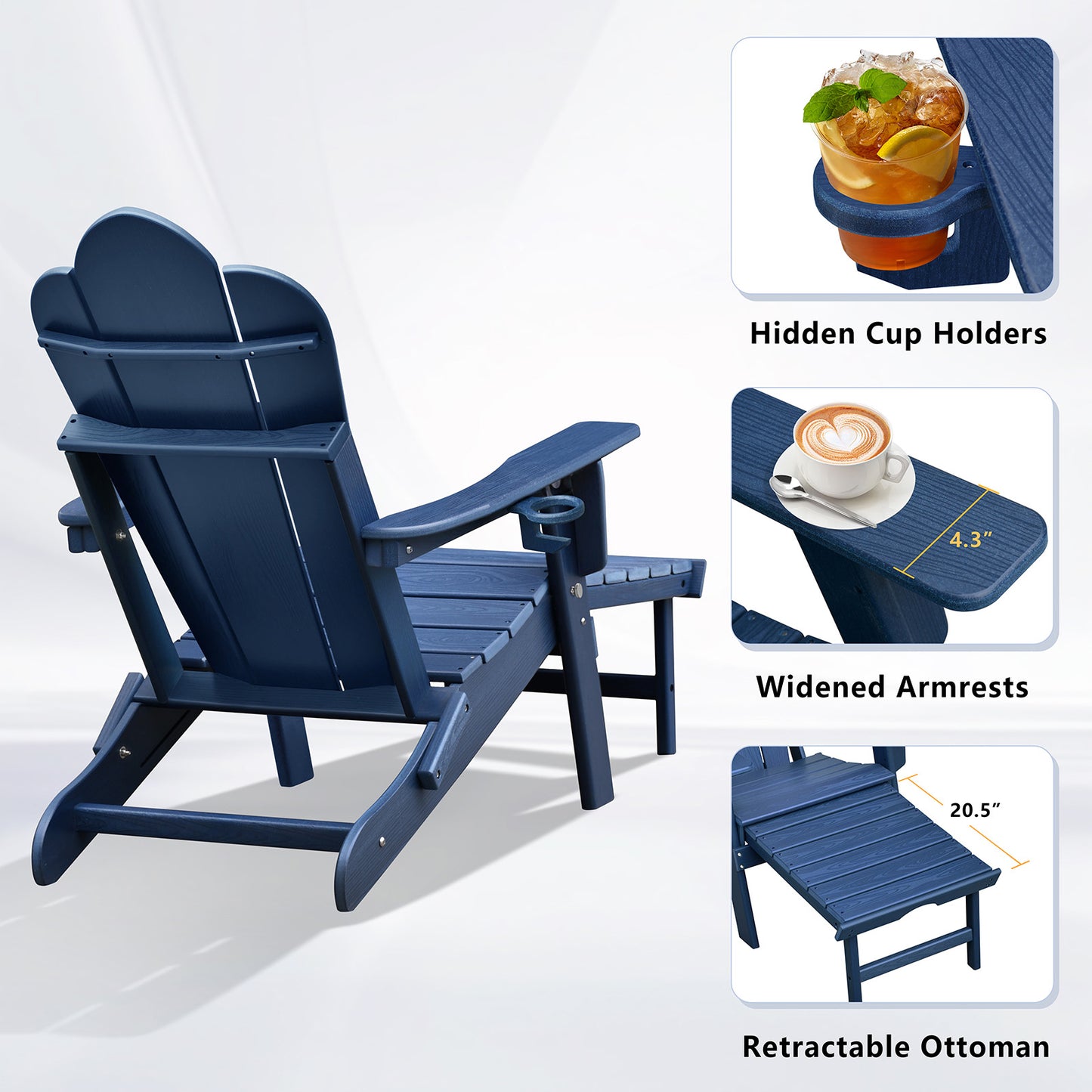 JP OUTDOOR Folding Adjustable Adirondack Chair with Ottoman & Cup Holder,HDEP Multifunctional Adirondack Chair with Footrest, Blue