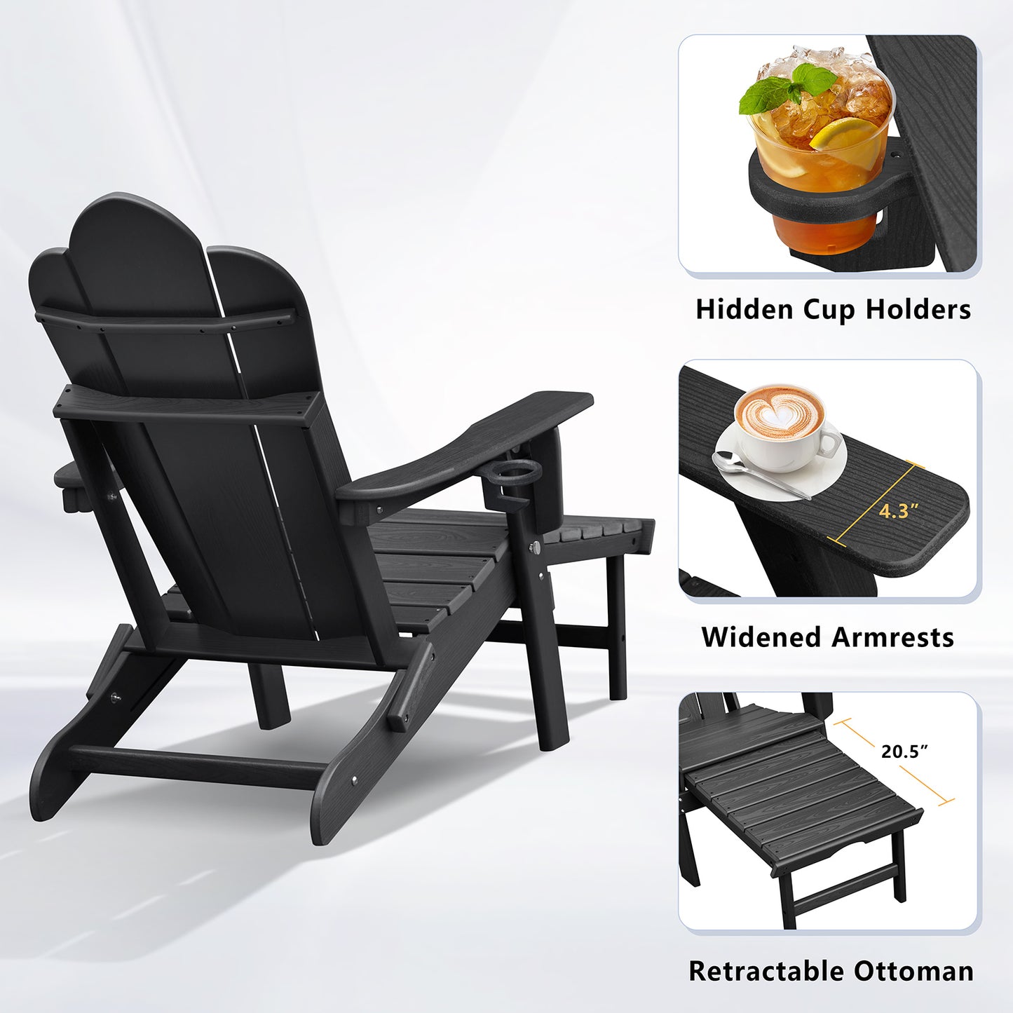 JP OUTDOOR Folding Adjustable Adirondack Chair with Ottoman & Cup Holder,HDEP Multifunctional Adirondack Chair with Footrest,Black