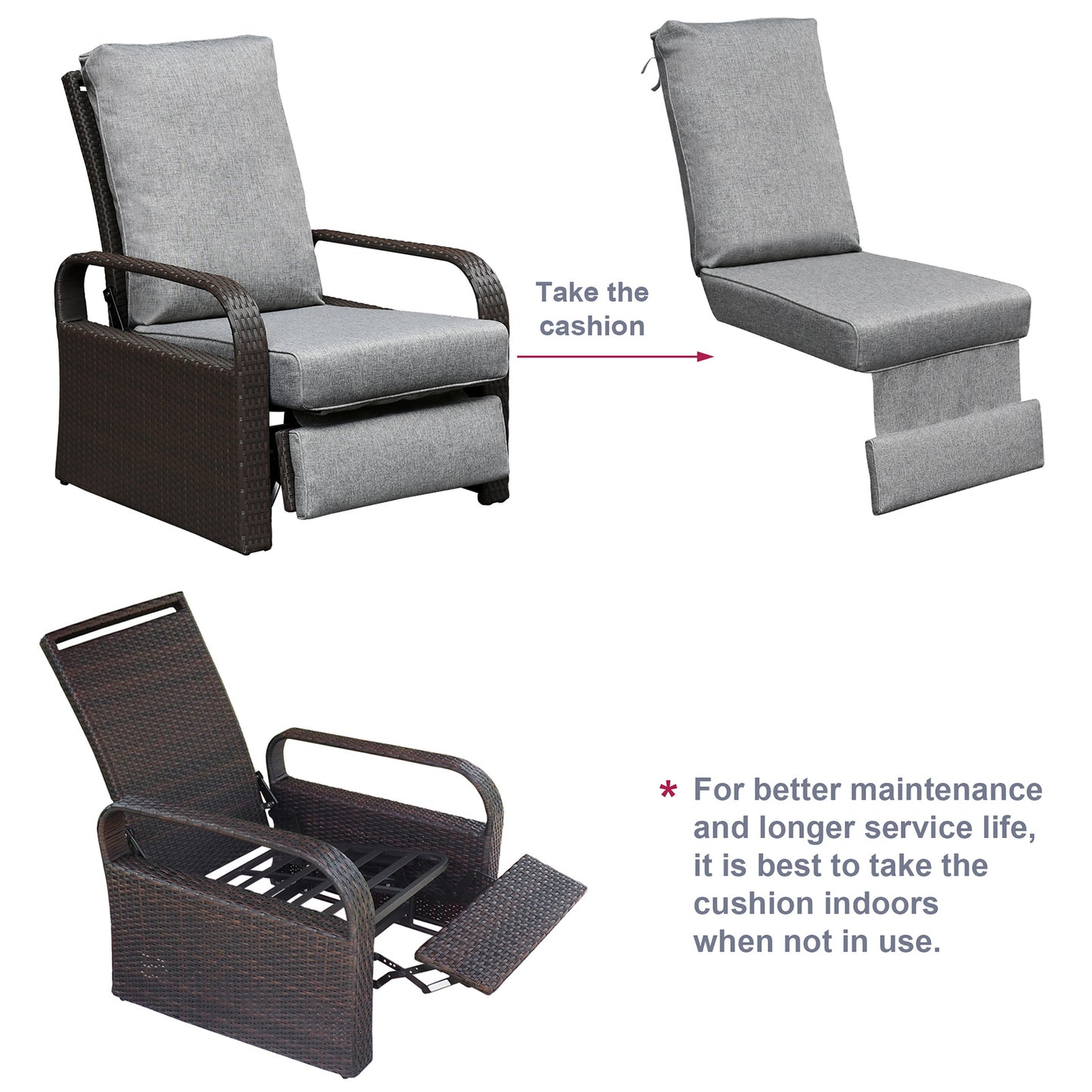 JP Outdoor Replacement Cushion for Indoor or Outdoor Recliner Chair,5.5” Thick, Anti-fade & Waterproof,Grey