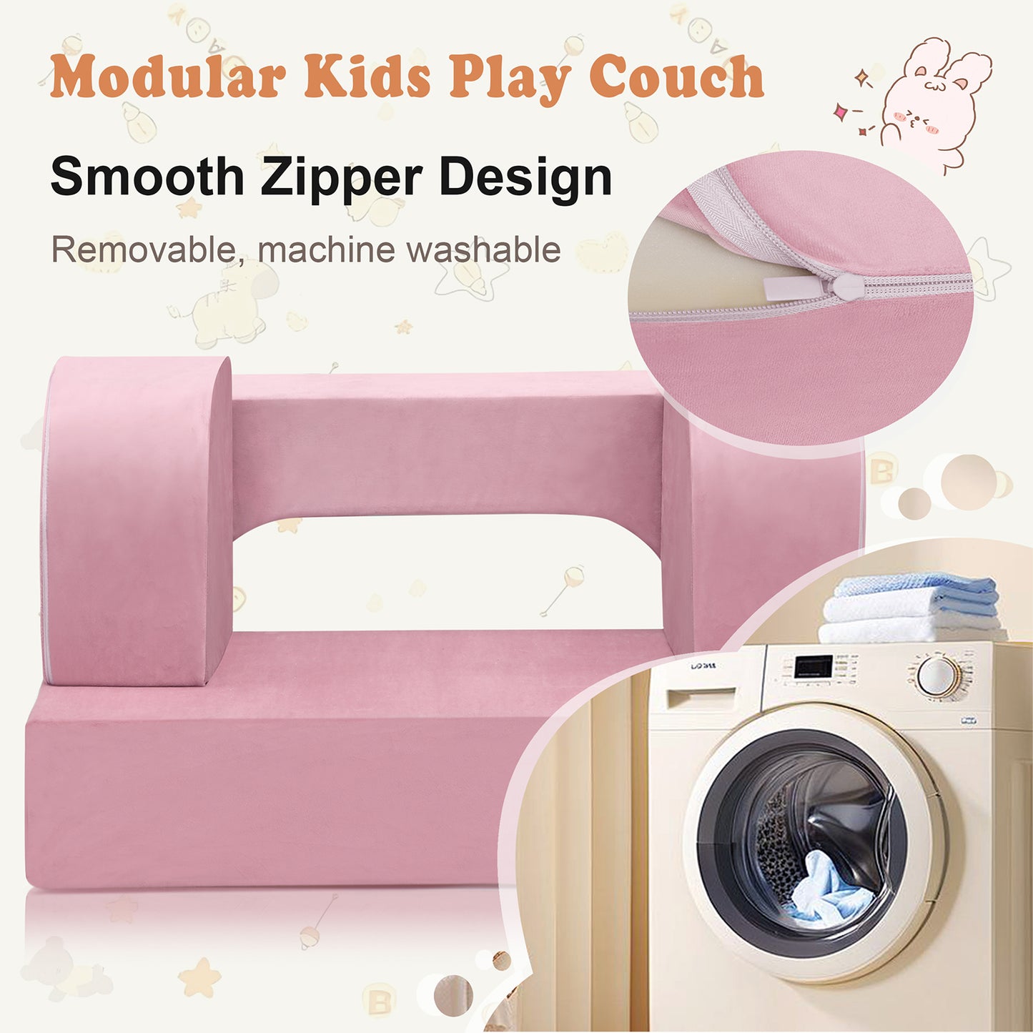 JP Outdoor 4PCS Modular Kids Play Couch Filled with 100% 28D Sponge,Toddler Nugget Convertible Couch,Pink