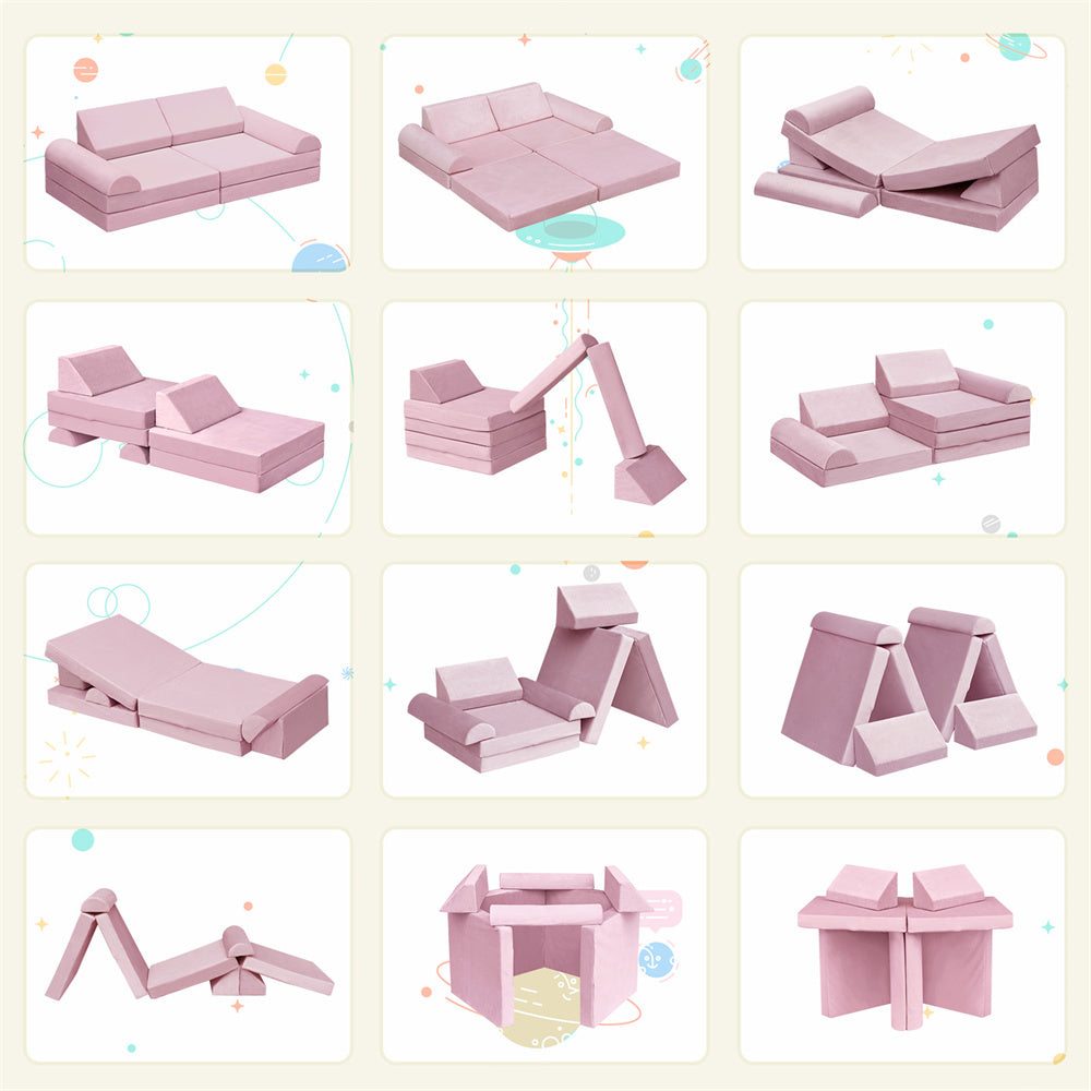JP Outdoor Modular Kids Play Couch, 8PCS Nugget Couch for Building Fort, Toddler Play Sponge Convertible Couch,Pink