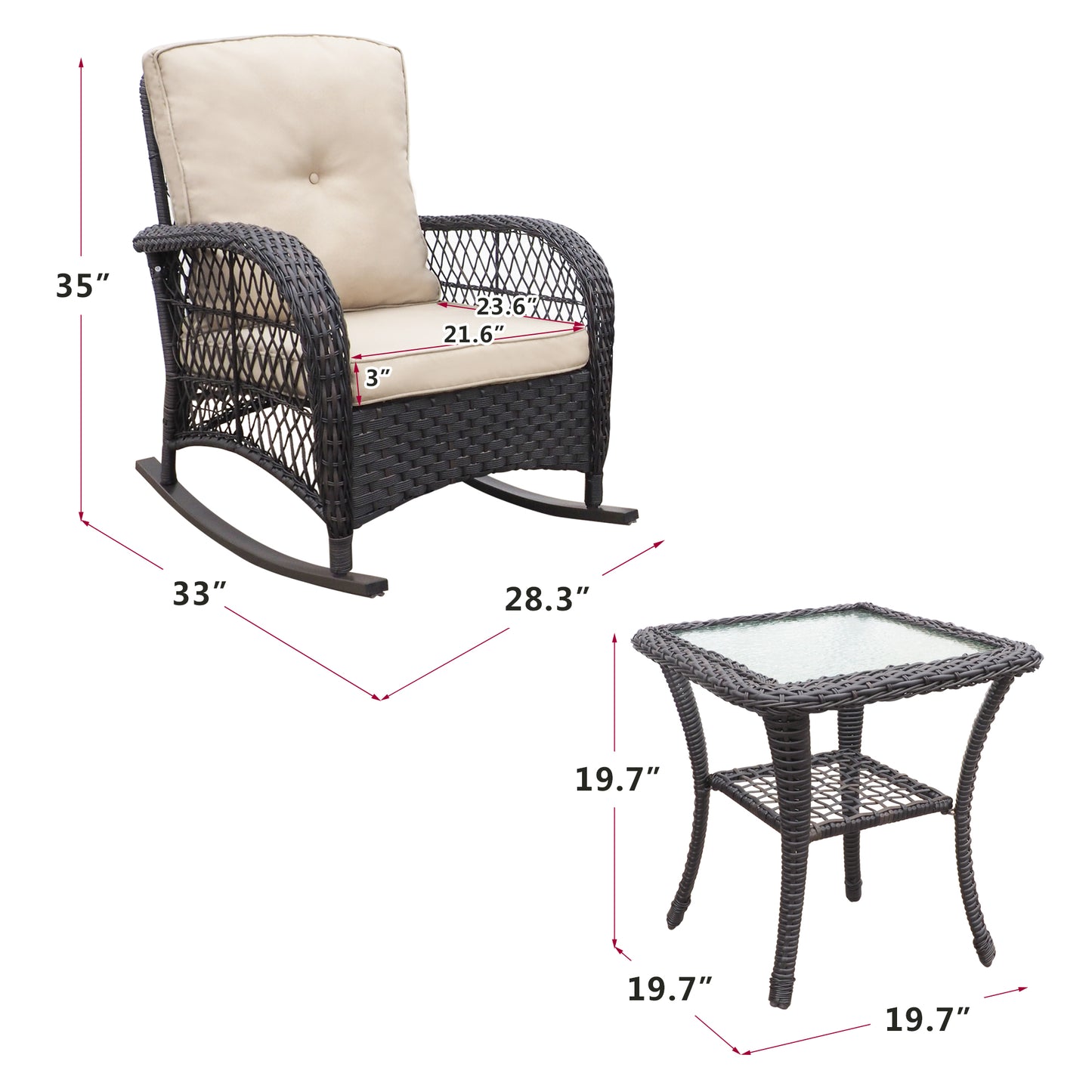 JP Outdoor 3Pcs Indoor or Outdoor Wicker Rocking Porch Chairs with Coffee Table,Kahki