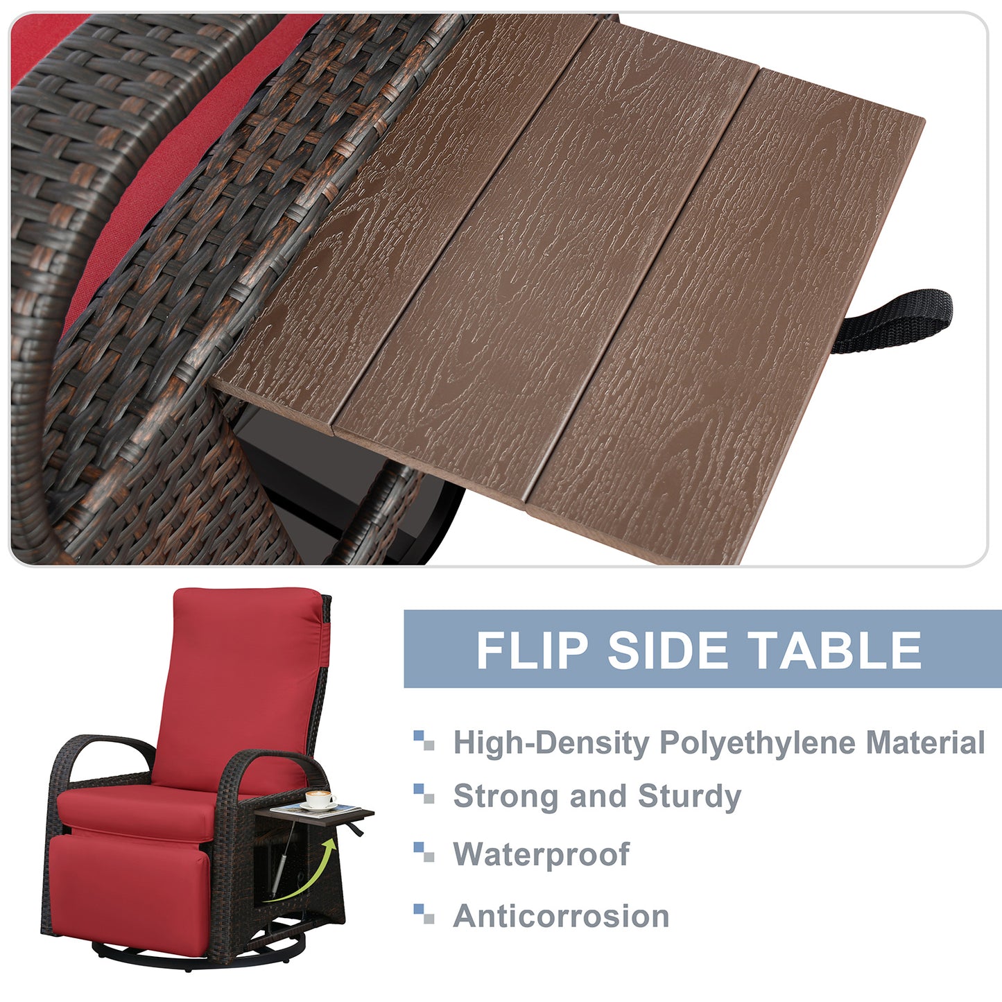JP Outdoor Outdoor Patio Recliner Swivel Rocker Chair with Thickness Cushion,Adjustable Backrest and Footrest,for Garden,Backyard,Red