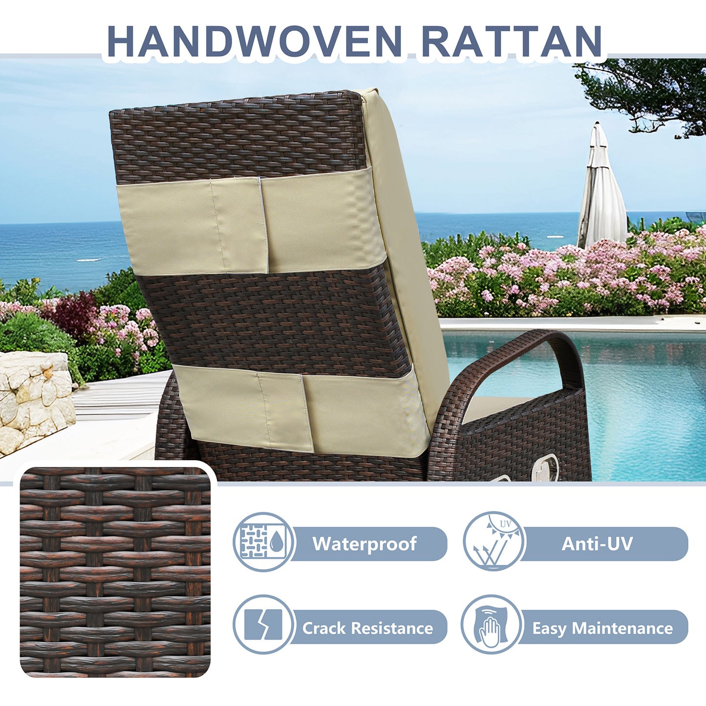 JP Outdoor Wicker Recliner Chair Cushion, Patio Rattan Lounge Recliner with Flip Table, Khaki