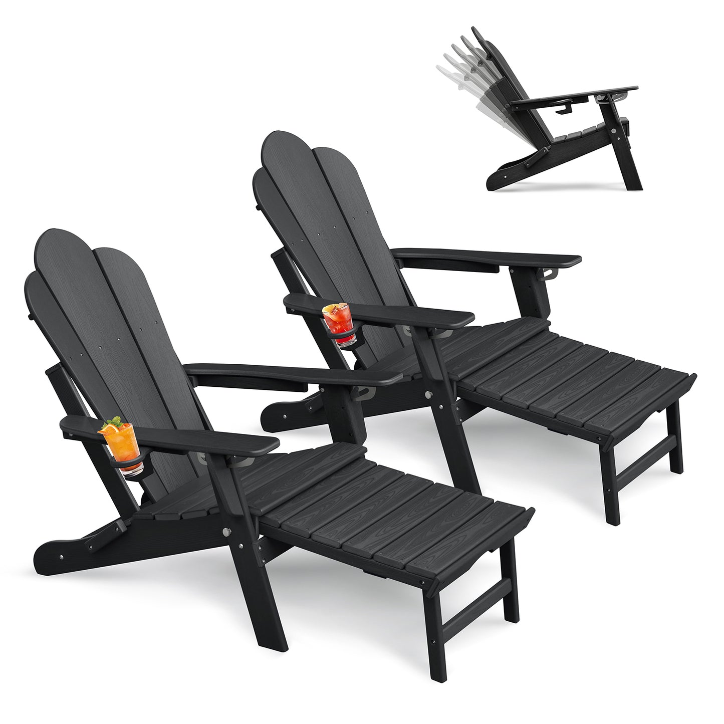 JP OUTDOOR Folding Adjustable Adirondack Chair with Ottoman & Cup Holder,HDEP Multifunctional Adirondack Chair with Footrest,Black