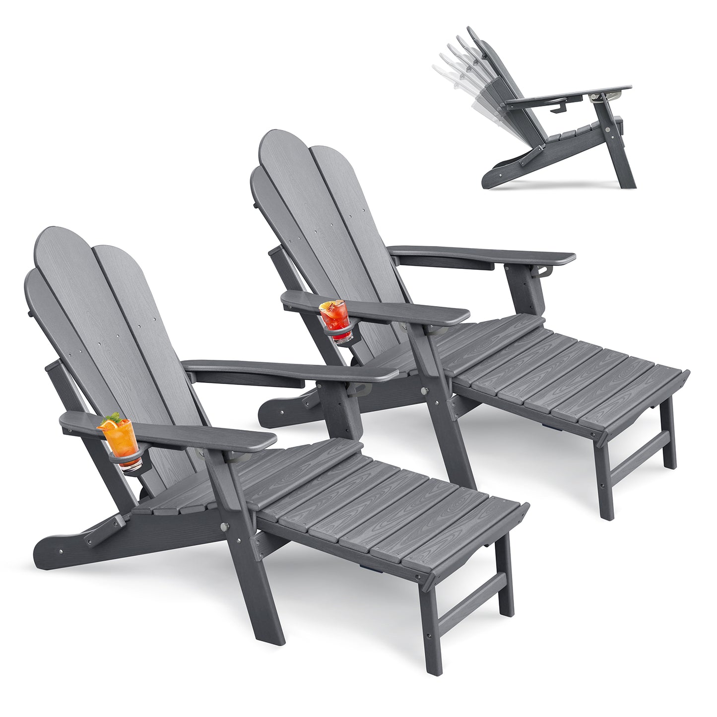 JP OUTDOOR Folding Adjustable Adirondack Chair with Ottoman & Cup Holder,HDEP Multifunctional Adirondack Chair with Footrest,Gray