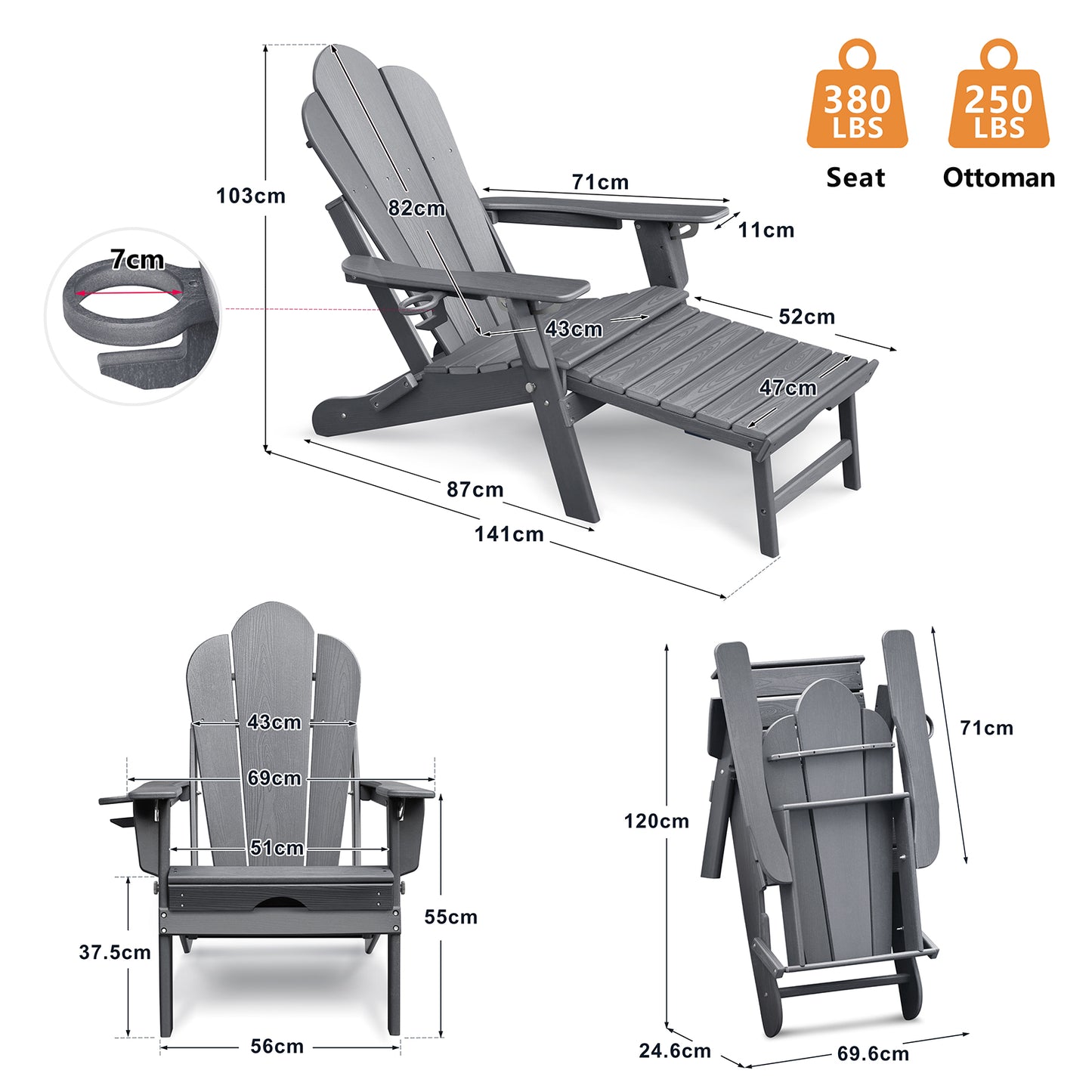 JP OUTDOOR Folding Adjustable Adirondack Chair with Ottoman & Cup Holder,HDEP Multifunctional Adirondack Chair with Footrest,Gray