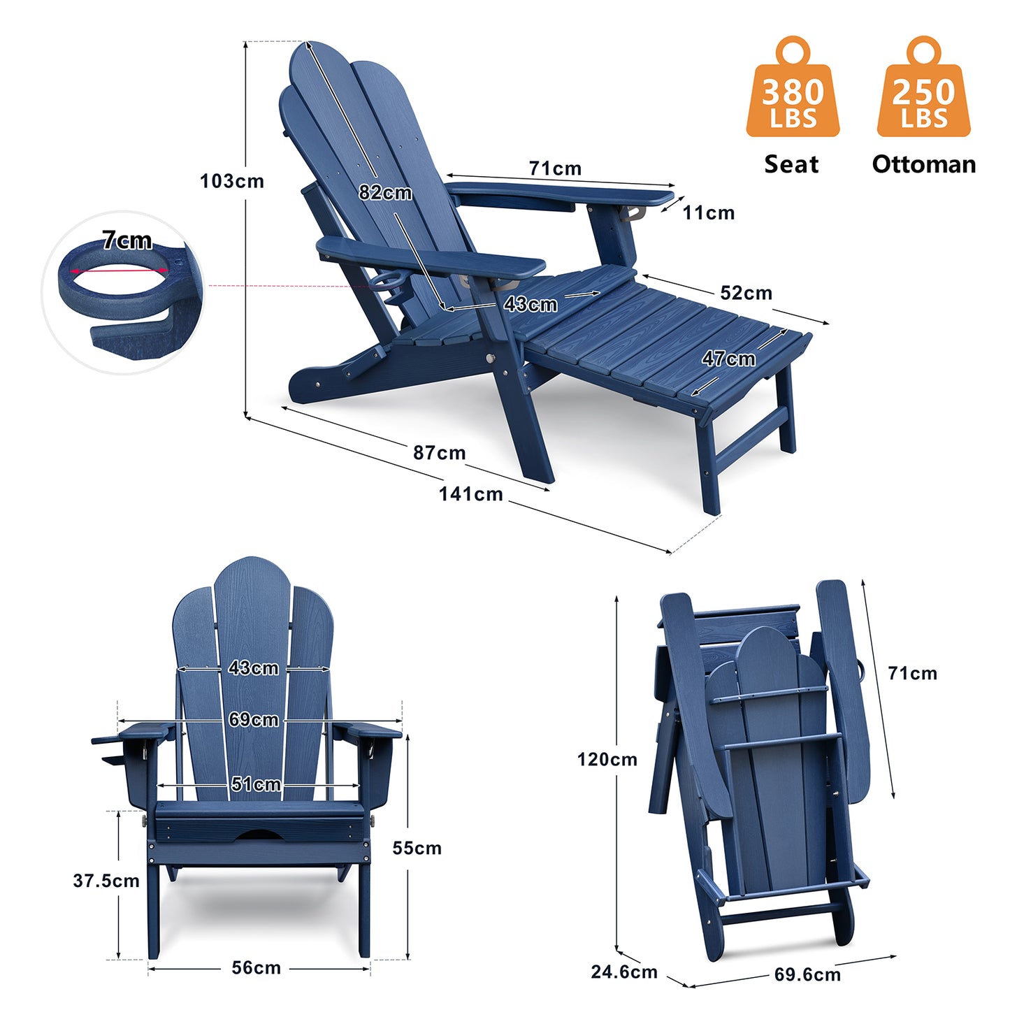 JP OUTDOOR Folding Adjustable Adirondack Chair with Ottoman & Cup Holder,HDEP Multifunctional Adirondack Chair with Footrest, Blue