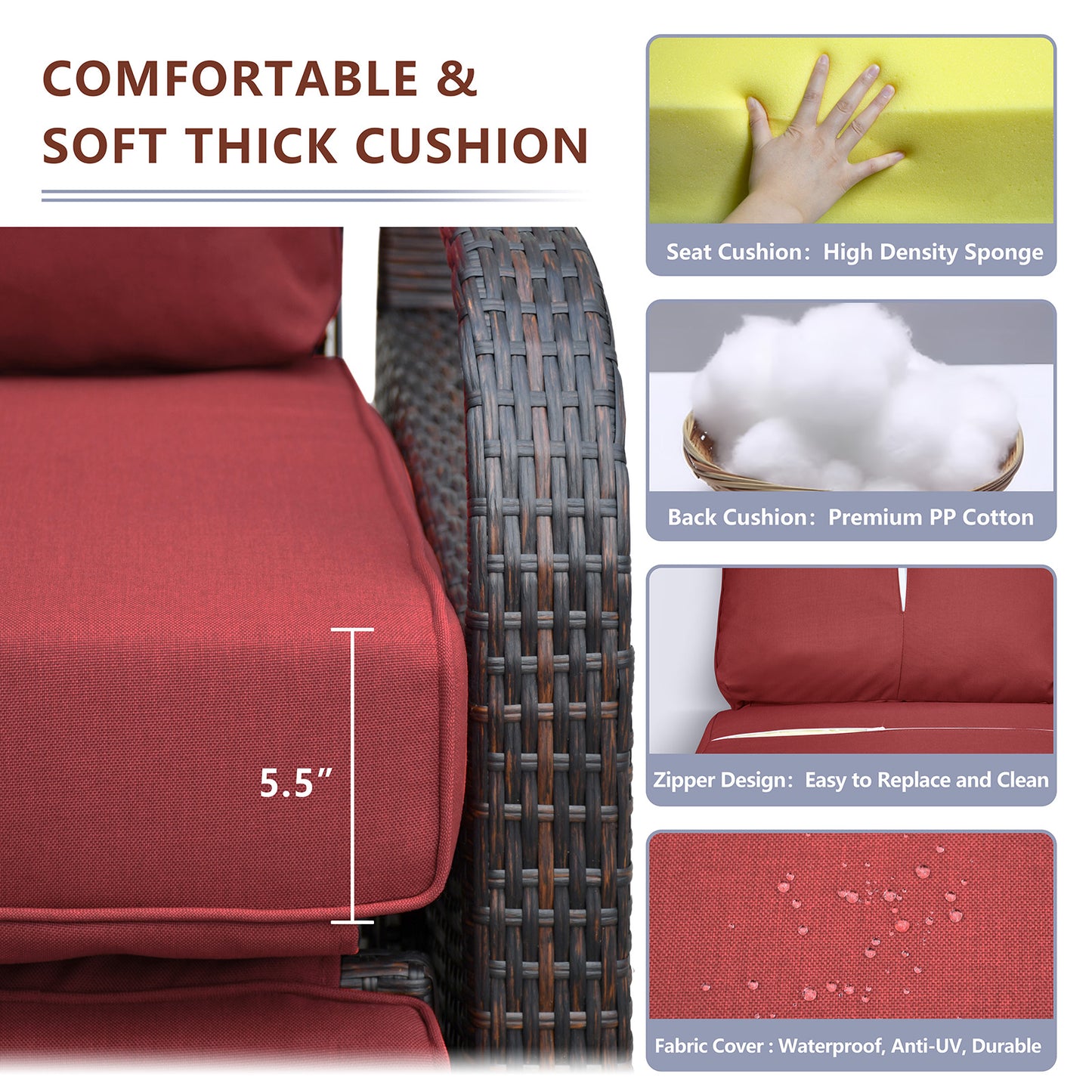 JP Outdoor Adjustable Reclining Outdoor Furniture, Patio Wicker Recliner Chair with Fade Resistant Cushion, Red