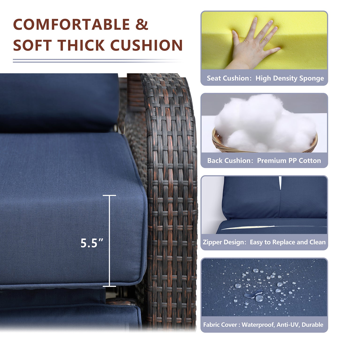 JP Outdoor Outdoor Wicker Recliner Chair, Patio Rattan Reclining Chair with Aluminum Frame, Navy Blue