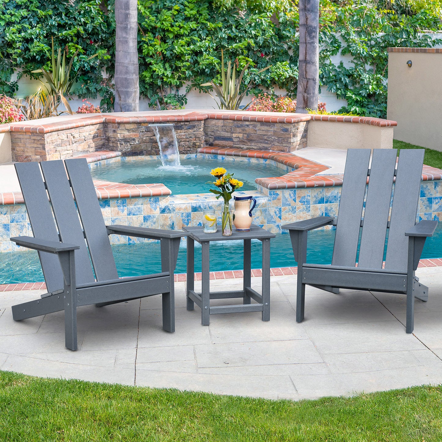 JP OUTDOOR Durable Comfortable Weather-resistant Adirondack Chairs Set of 2 with Table, HDPE Plastic for Outdoor, Gray
