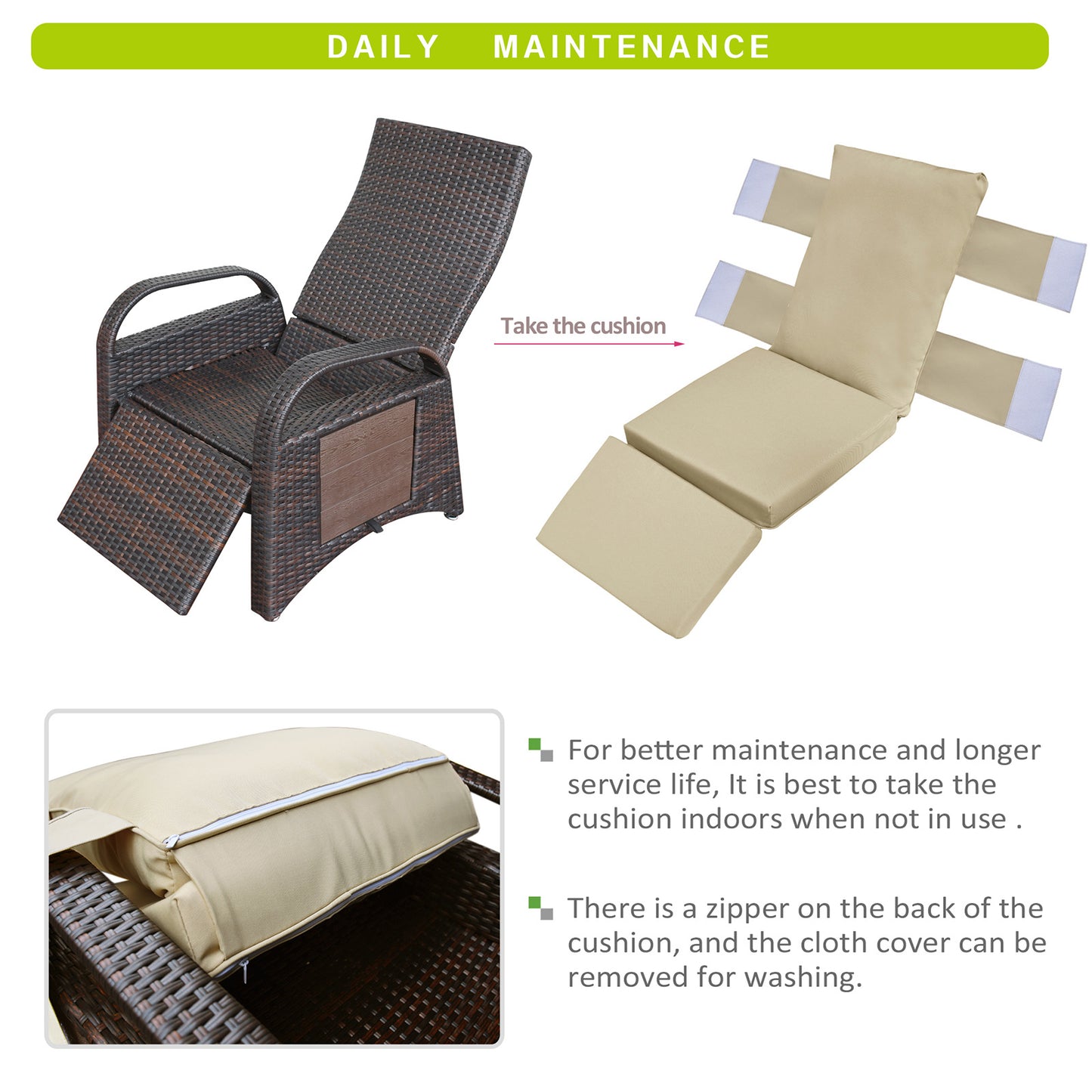 JP Outdoor Wicker Recliner Chair Cushion, Patio Rattan Lounge Recliner with Flip Table, Khaki