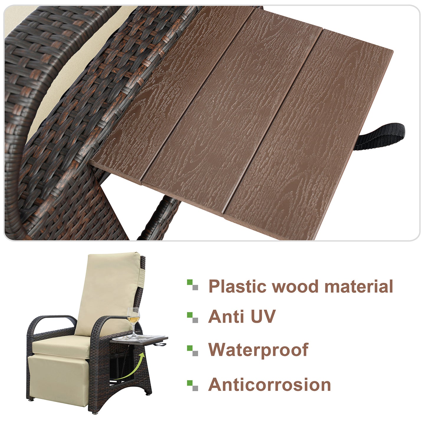 JP Outdoor Wicker Recliner Chair Cushion, Patio Rattan Lounge Recliner with Flip Table, Khaki