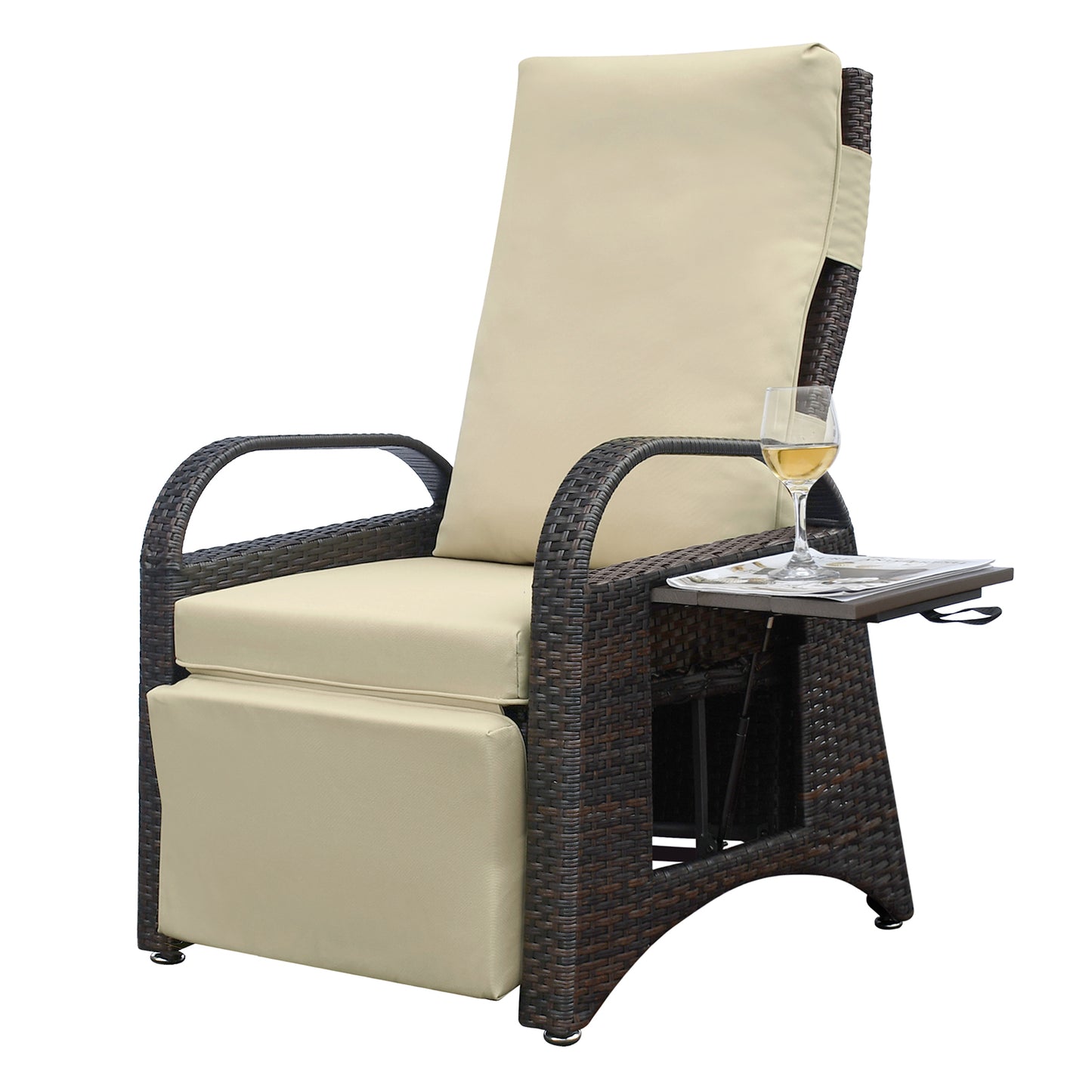 JP Outdoor Wicker Recliner Chair Cushion, Patio Rattan Lounge Recliner with Flip Table, Khaki