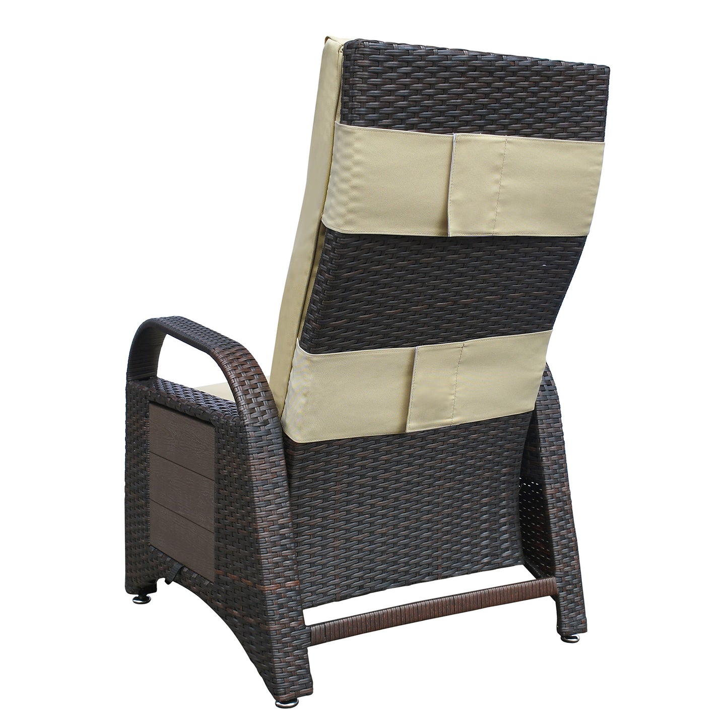 JP Outdoor Wicker Recliner Chair Cushion, Patio Rattan Lounge Recliner with Flip Table, Khaki