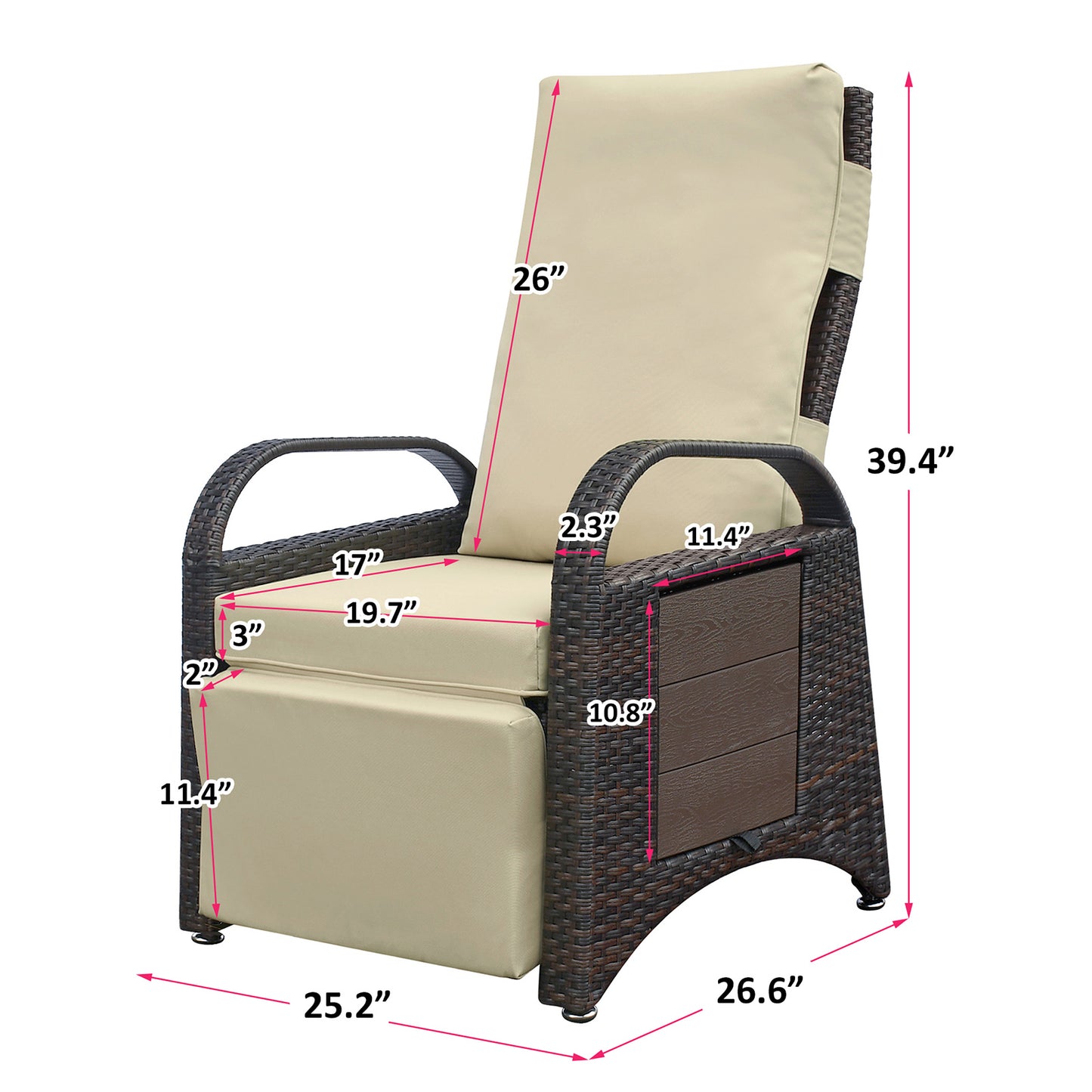 JP Outdoor Wicker Recliner Chair Cushion, Patio Rattan Lounge Recliner with Flip Table, Khaki