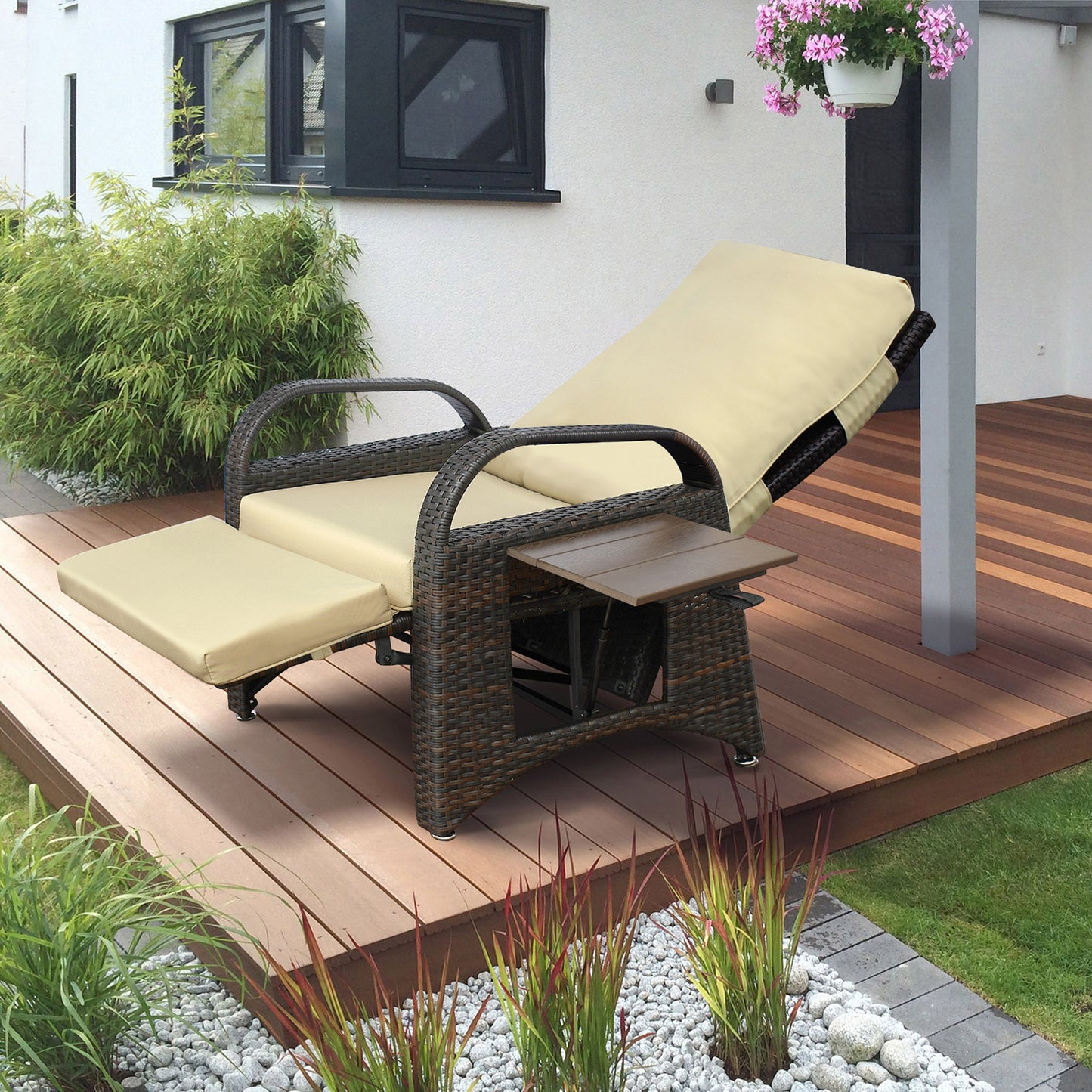 JP Outdoor Wicker Recliner Chair Cushion, Patio Rattan Lounge Recliner with Flip Table, Khaki