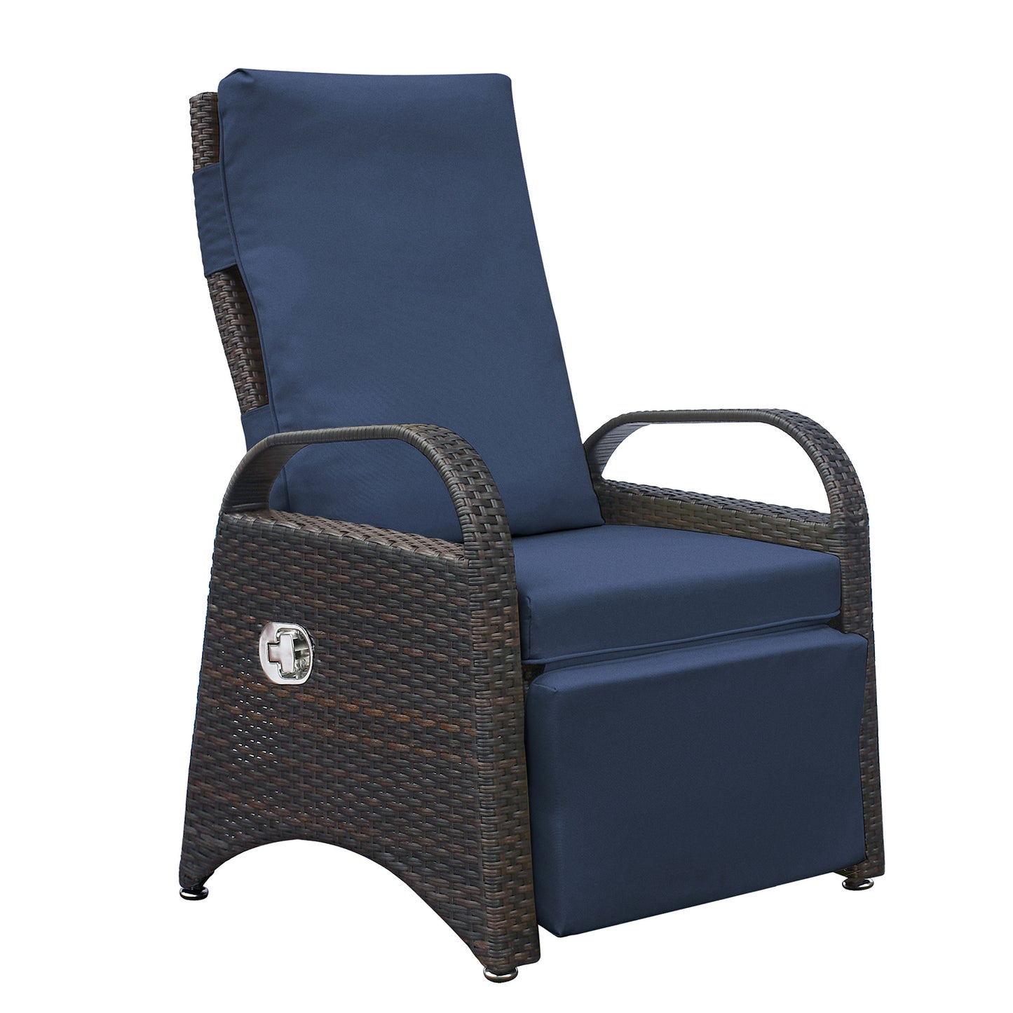 JP Outdoor Rattan Recliner Chair with Cushion,PE Wicker Patio Recliner with Flip Table,Navy Blue
