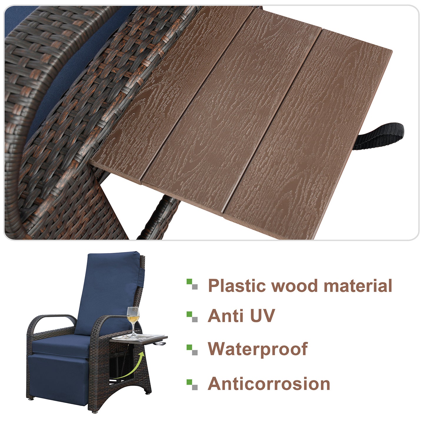 JP Outdoor Rattan Recliner Chair with Cushion,PE Wicker Patio Recliner with Flip Table,Navy Blue