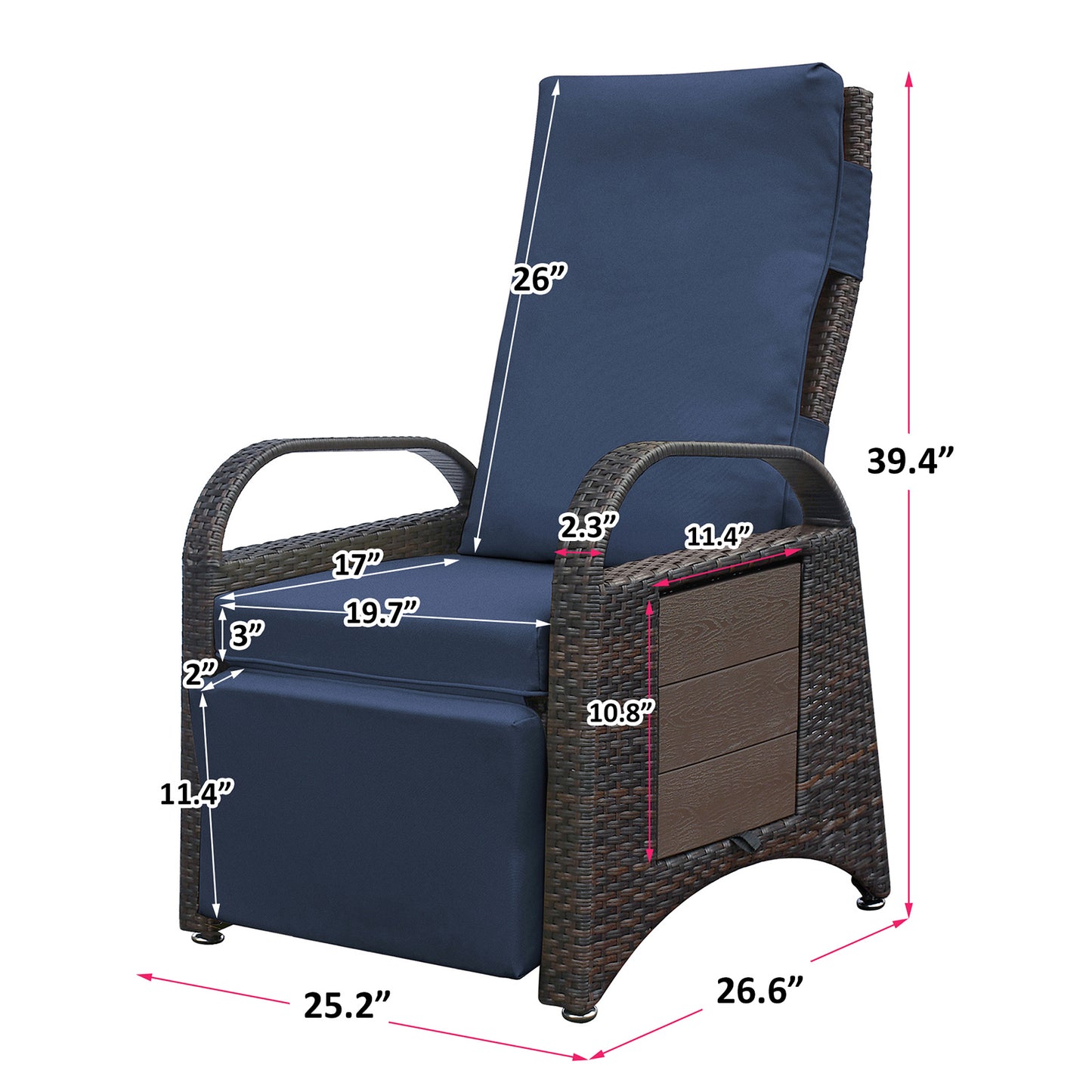 JP Outdoor Rattan Recliner Chair with Cushion,PE Wicker Patio Recliner with Flip Table,Navy Blue