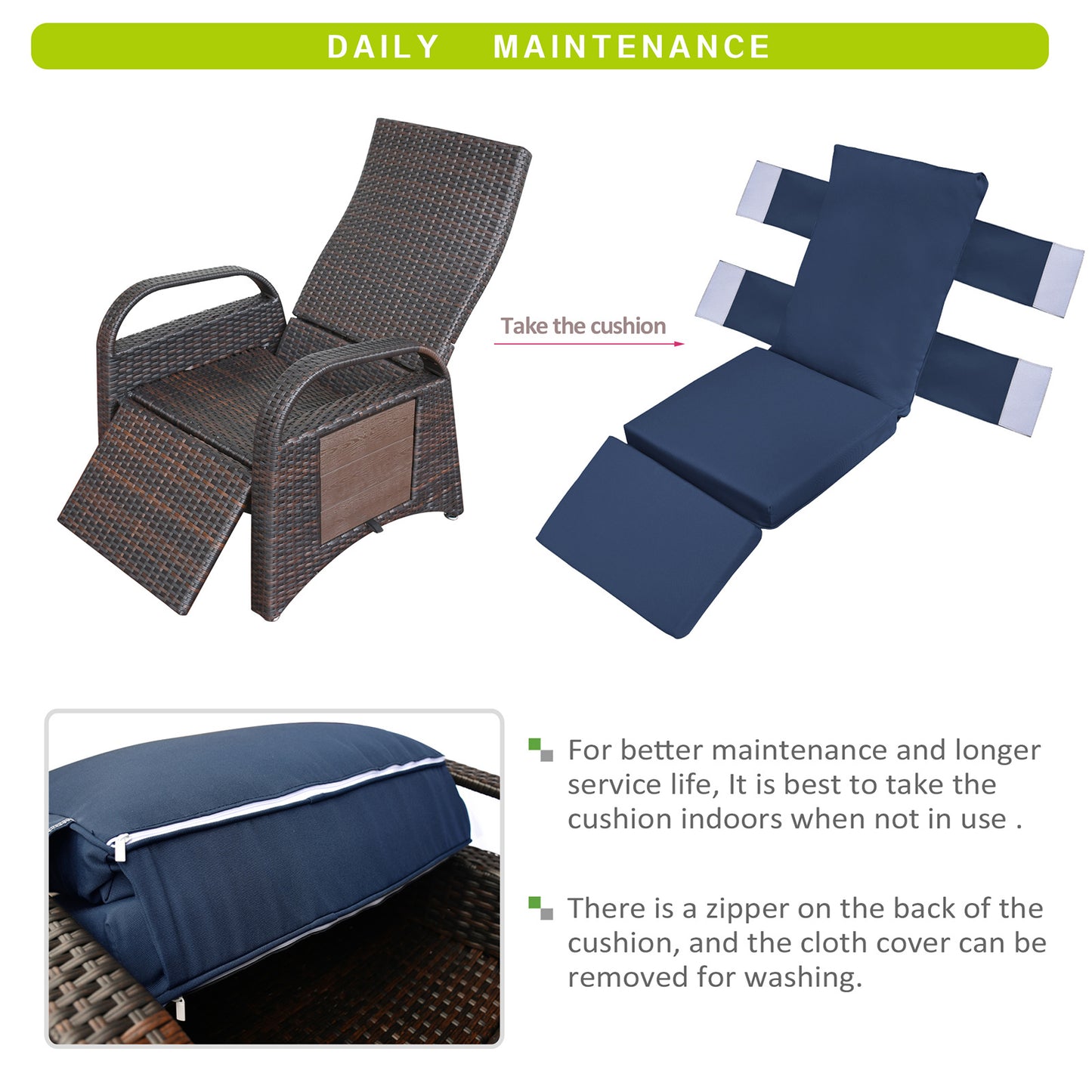 JP Outdoor Rattan Recliner Chair with Cushion,PE Wicker Patio Recliner with Flip Table,Navy Blue