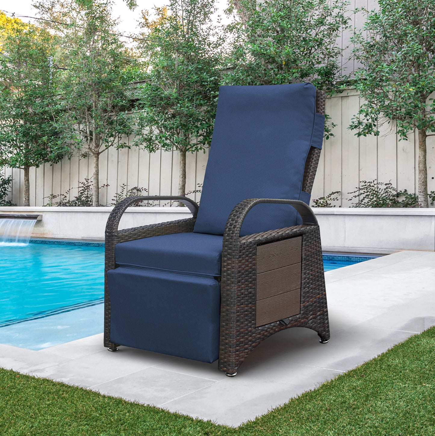 JP Outdoor Rattan Recliner Chair with Cushion,PE Wicker Patio Recliner with Flip Table,Navy Blue