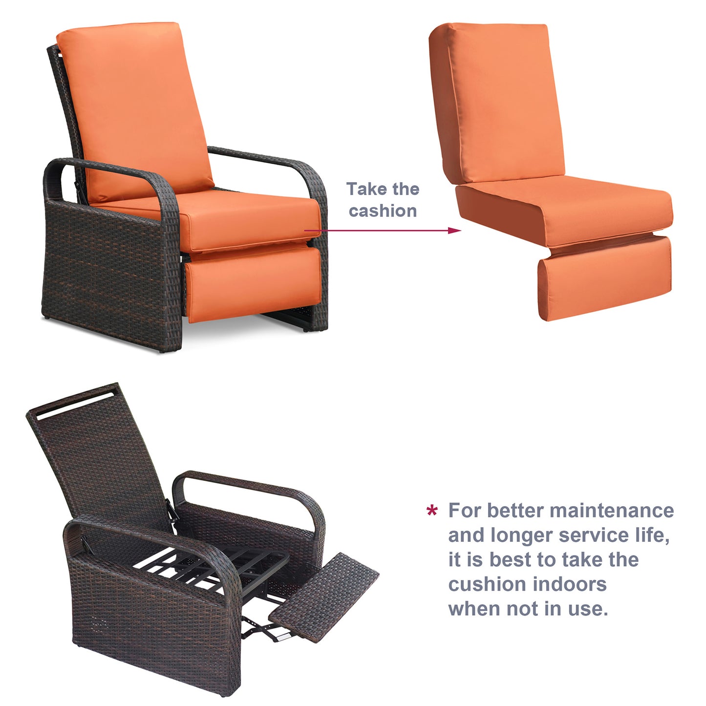 JP Outdoor Replacement Cushion for Indoor or Outdoor Recliner Chair,Good Firmness,Anti-fade & Water Repellent,Orange