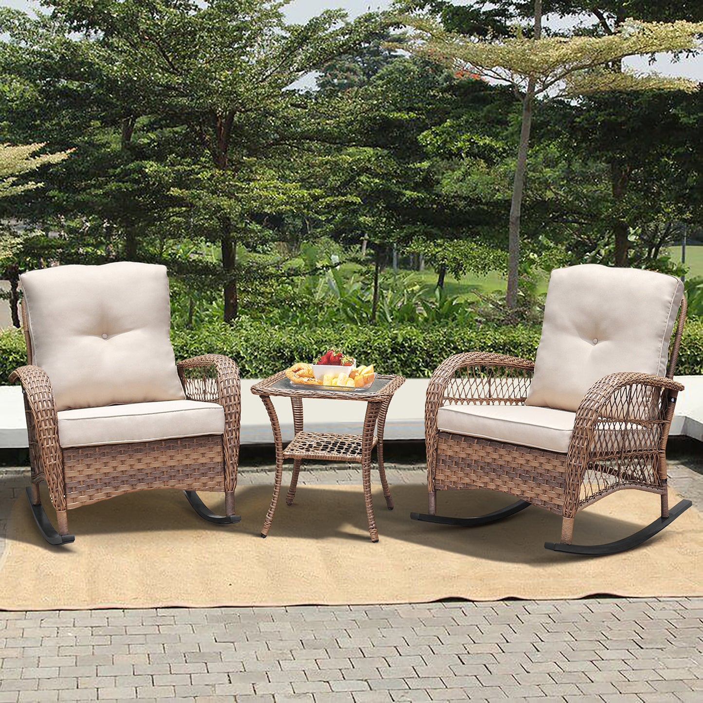 JP Outdoor 3Pcs Indoor or Outdoor Wicker Rocking Porch Chair,Kahki(Beige Wicker)