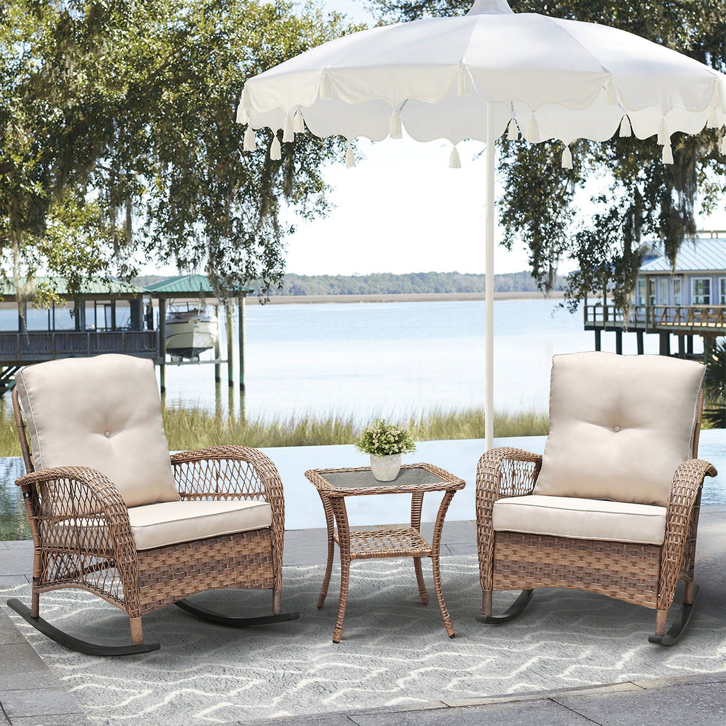 JP Outdoor 3Pcs Indoor or Outdoor Wicker Rocking Porch Chair,Kahki(Beige Wicker)