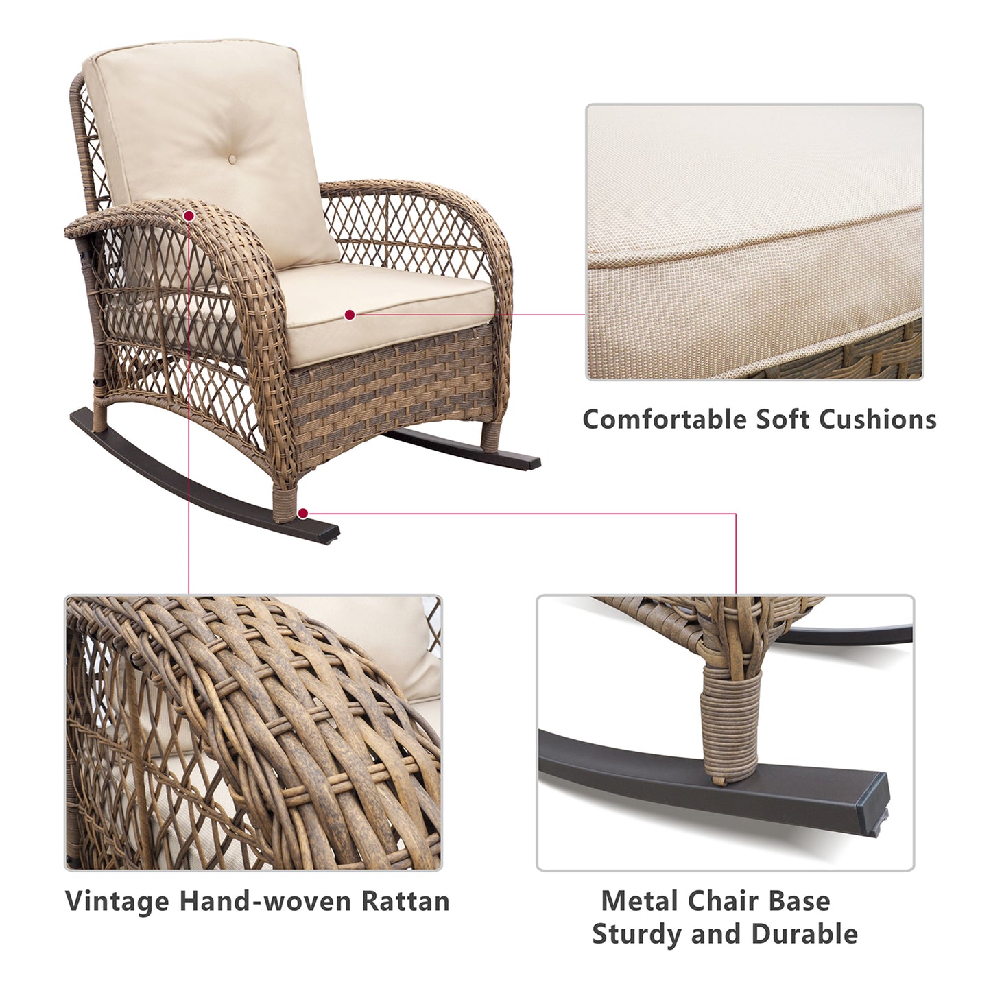 JP Outdoor 3Pcs Indoor or Outdoor Wicker Rocking Porch Chair,Kahki(Beige Wicker)