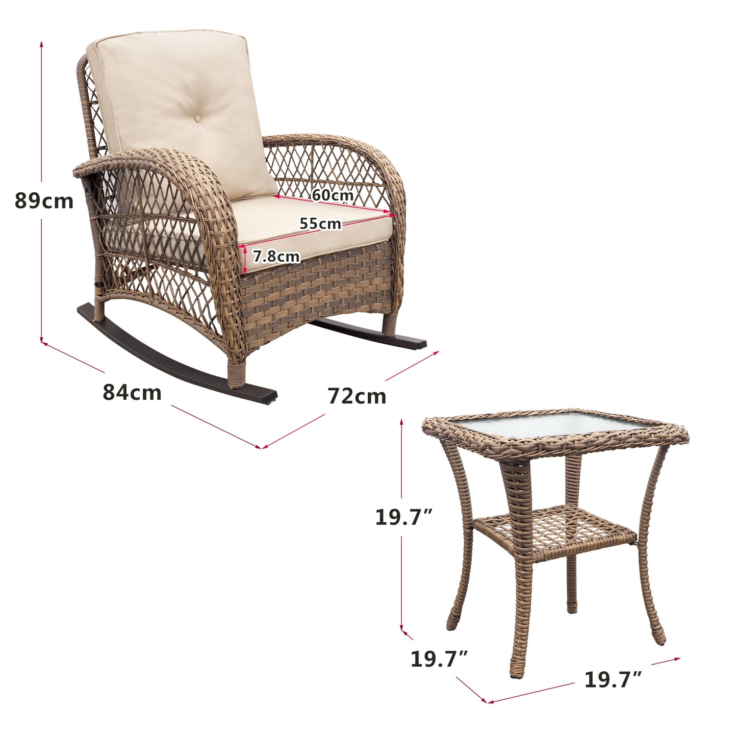 JP Outdoor 3Pcs Indoor or Outdoor Wicker Rocking Porch Chair,Kahki(Beige Wicker)
