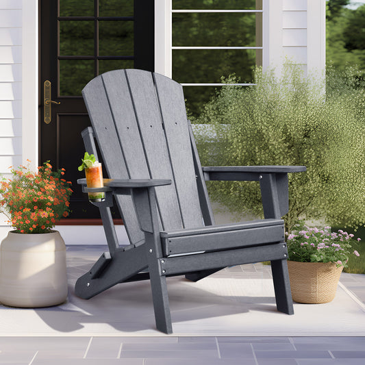JP OUTDOOR Outdoor Folding Adirondack Chair, Patio Resin Adirondack Chair with Cup Holder, Dark Gray
