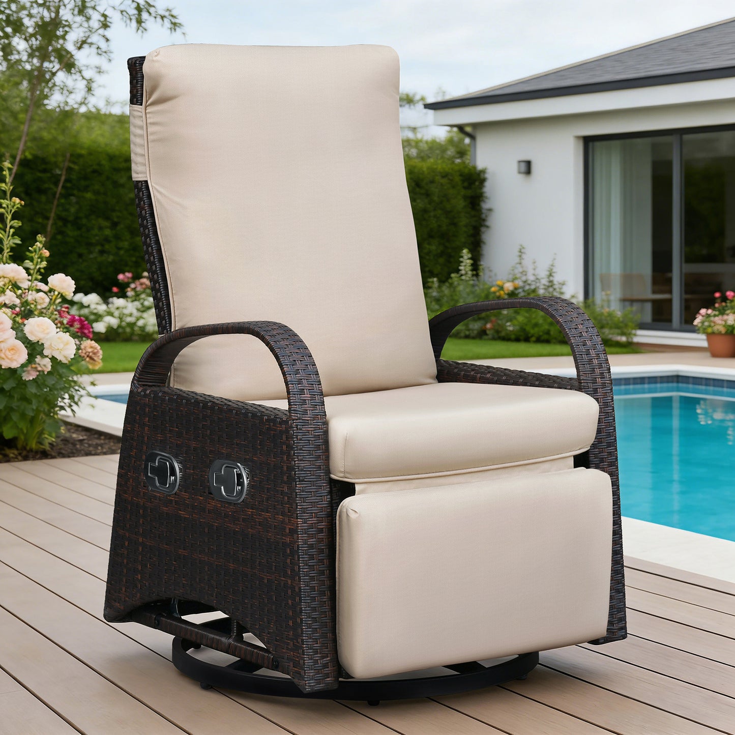 JP Outdoor Outdoor Patio Recliner Swivel Rocker Chair with Thickness Cushion,Adjustable Backrest and Footrest,for Garden,Backyard,Khaki