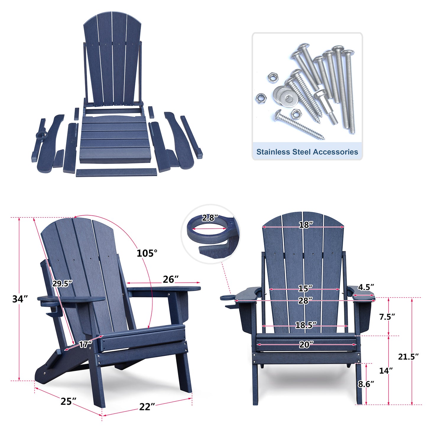 JP OUTDOOR Outdoor Folding HDPE Adirondack Chair, Patio Resin Adirondack Chair with Cup Holder, Blue