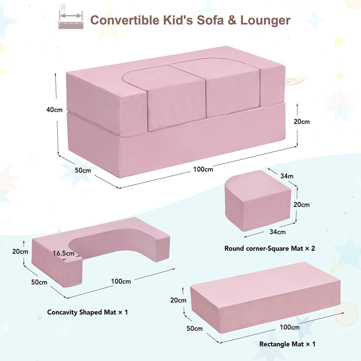 JP Outdoor 4PCS Modular Kids Play Couch Filled with 100% 28D Sponge,Toddler Nugget Convertible Couch，Pink