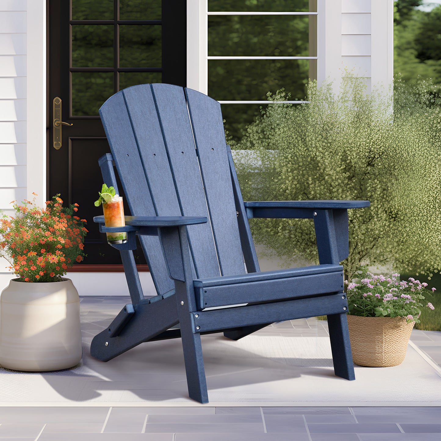 JP OUTDOOR Patio Foldable Adirondack Chairs Set of 3, Patio Resin Adirondack Chair with Cup Holder & Side Table , Blue