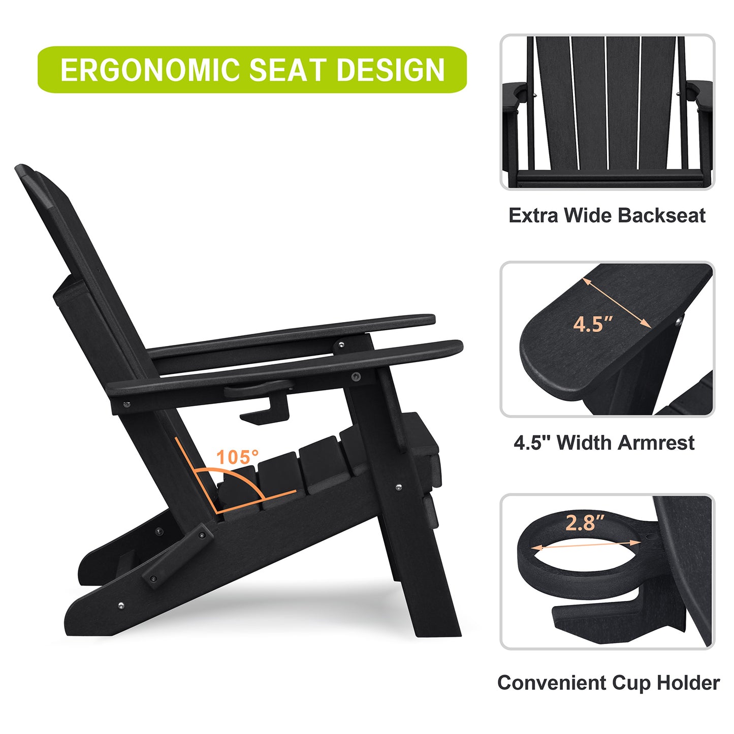 JP OUTDOOR Outdoor Folding HDPE Adirondack Chair, Patio Resin Adirondack Chair with Cup Holder,Black