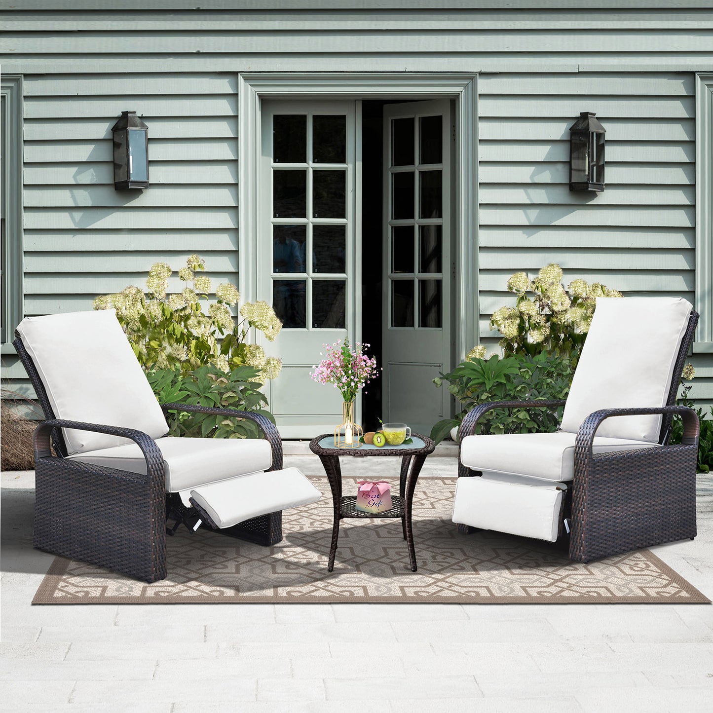 JP Outdoor All-Weather Outdoor Wicker Recliner Chair with Fade Resistant Cushion, Rust-Resistant Aluminum Frame,White