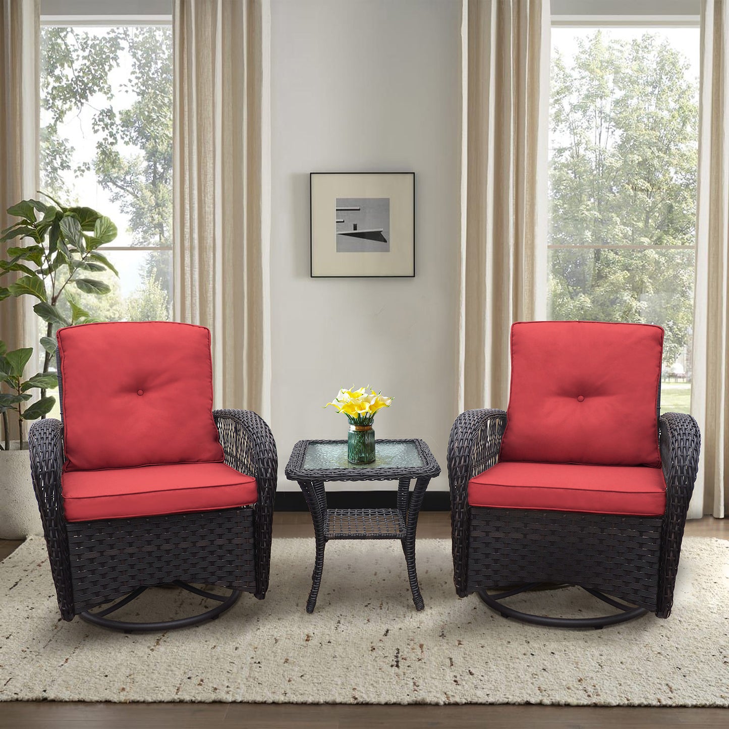 JP Outdoor Indoor or Outdoor Wicker Swivel Chairs Set of 3,Rattan Rocker Bistro Sets with Coffee Table,Red