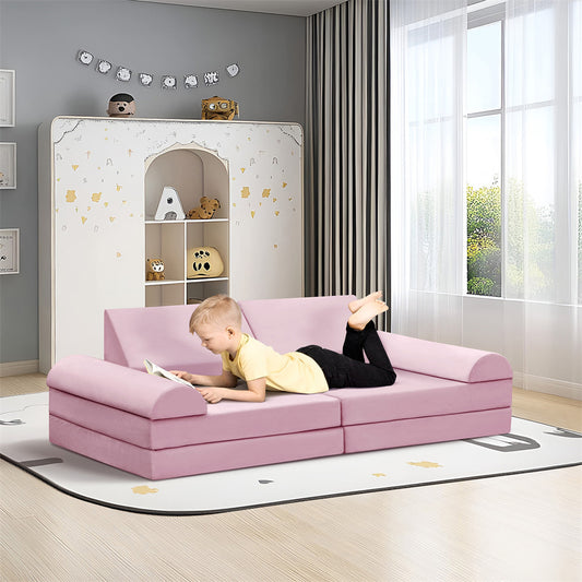 JP Outdoor Modular Kids Play Couch, 8PCS Nugget Couch for Building Fort, Toddler Play Sponge Convertible Couch，Pink