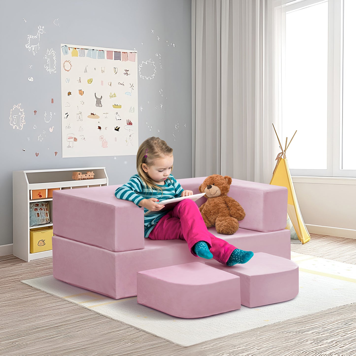 JP Outdoor 4PCS Modular Kids Play Couch Filled with 100% 28D Sponge,Toddler Nugget Convertible Couch，Pink