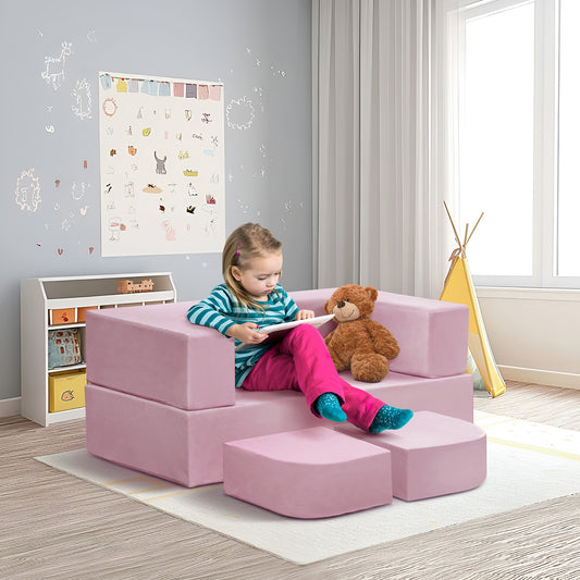 JP Outdoor 4PCS Modular Kids Play Couch Filled with 100% 28D Sponge,Toddler Nugget Convertible Couch，Pink