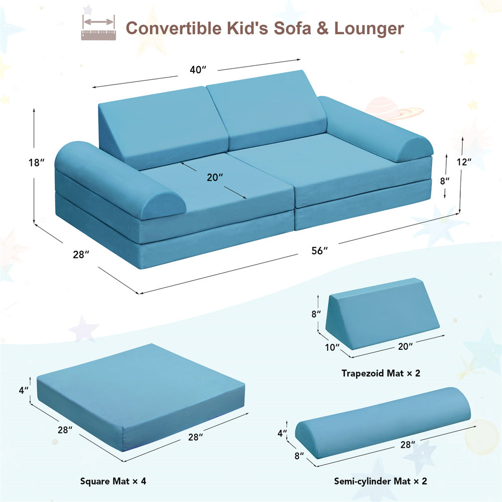 JP Outdoor Modular Kids Play Couch, 8PCS Nugget Couch for Building Fort, Toddler Play Sponge Convertible Couch,Blue