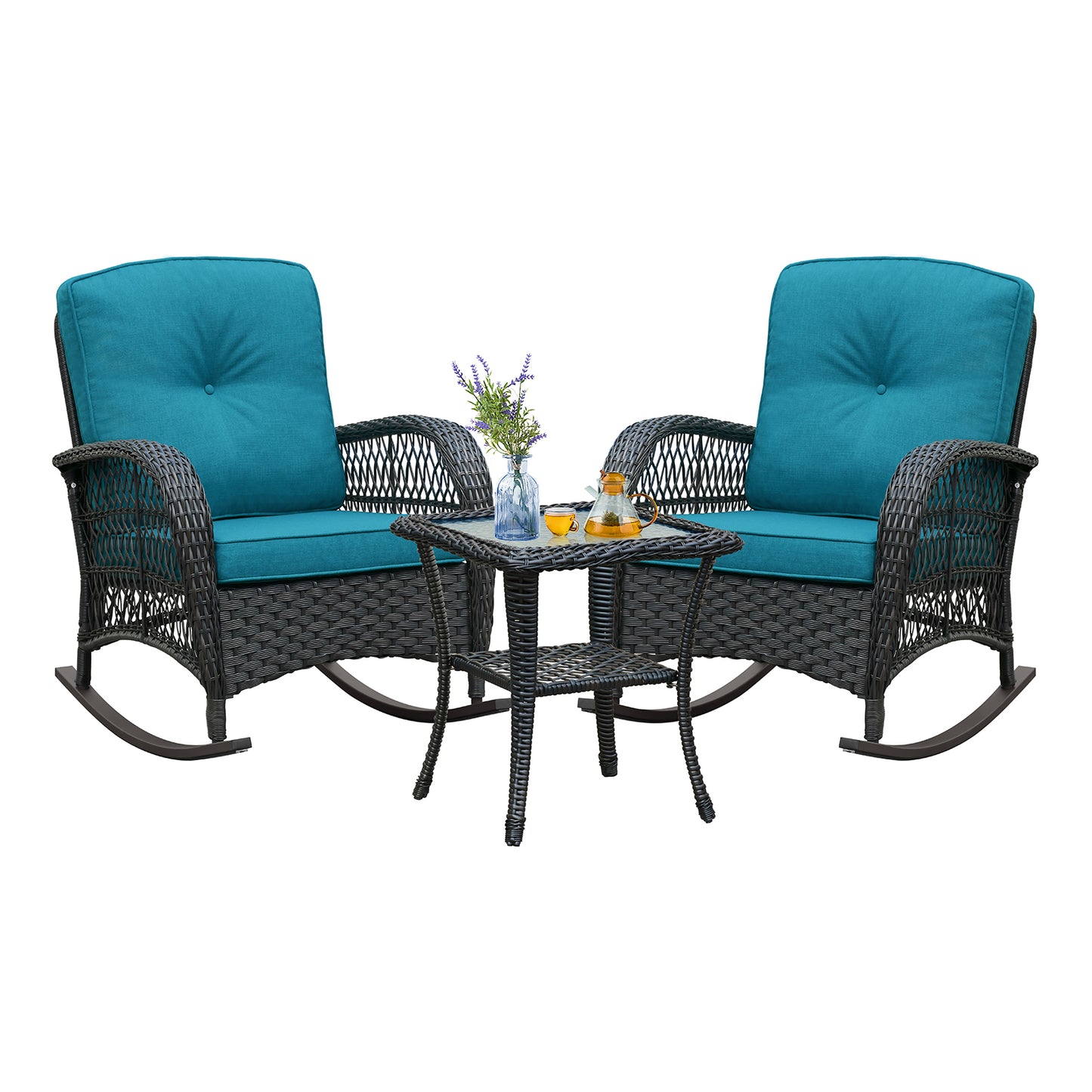 JP Outdoor 3Pcs Indoor or Outdoor Wicker Rocking Porch Chair,Cyan Blue